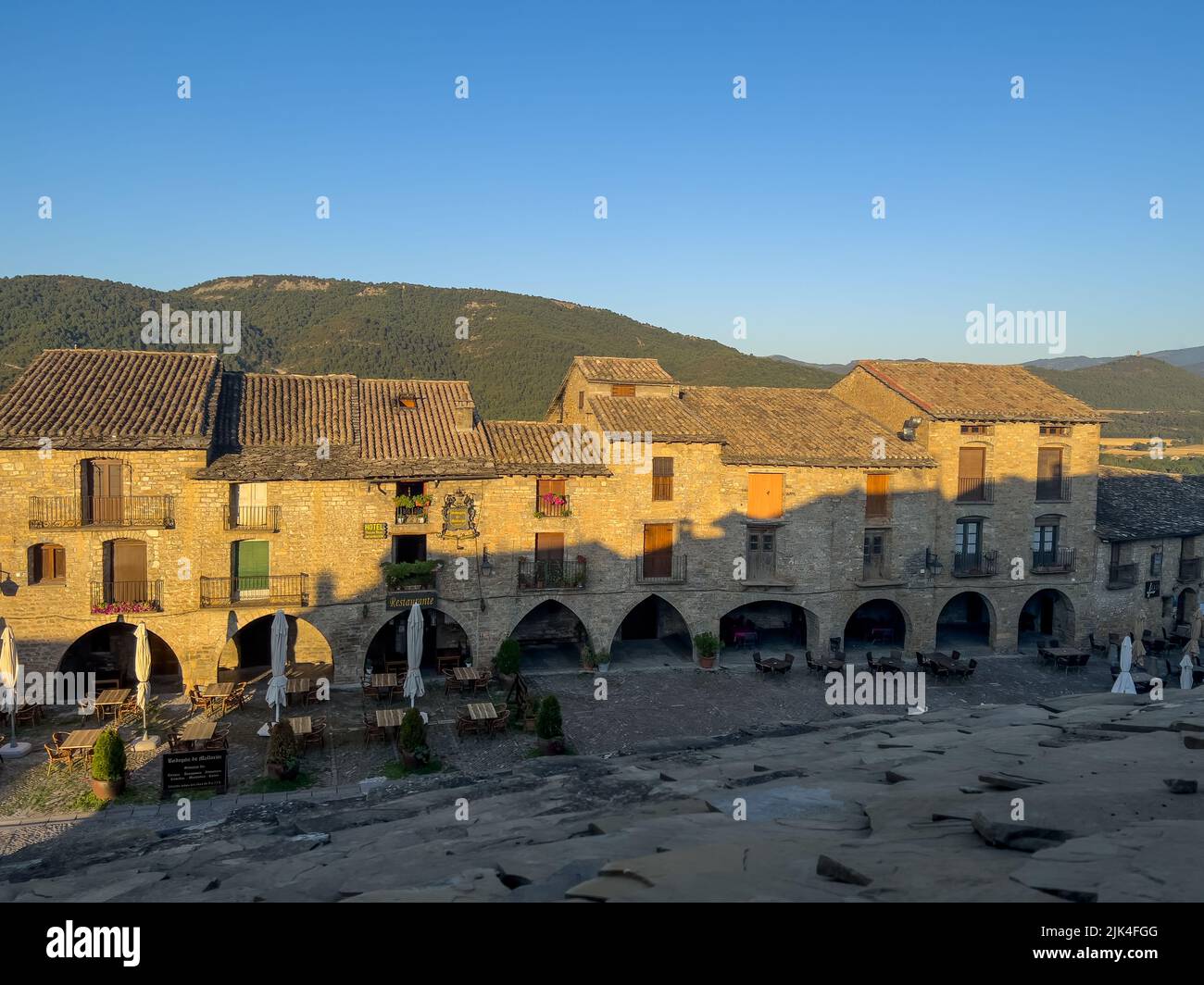 looking down in to the restored medieval square of Plaza Mayor, town of Ainsa Spain Stock Photo