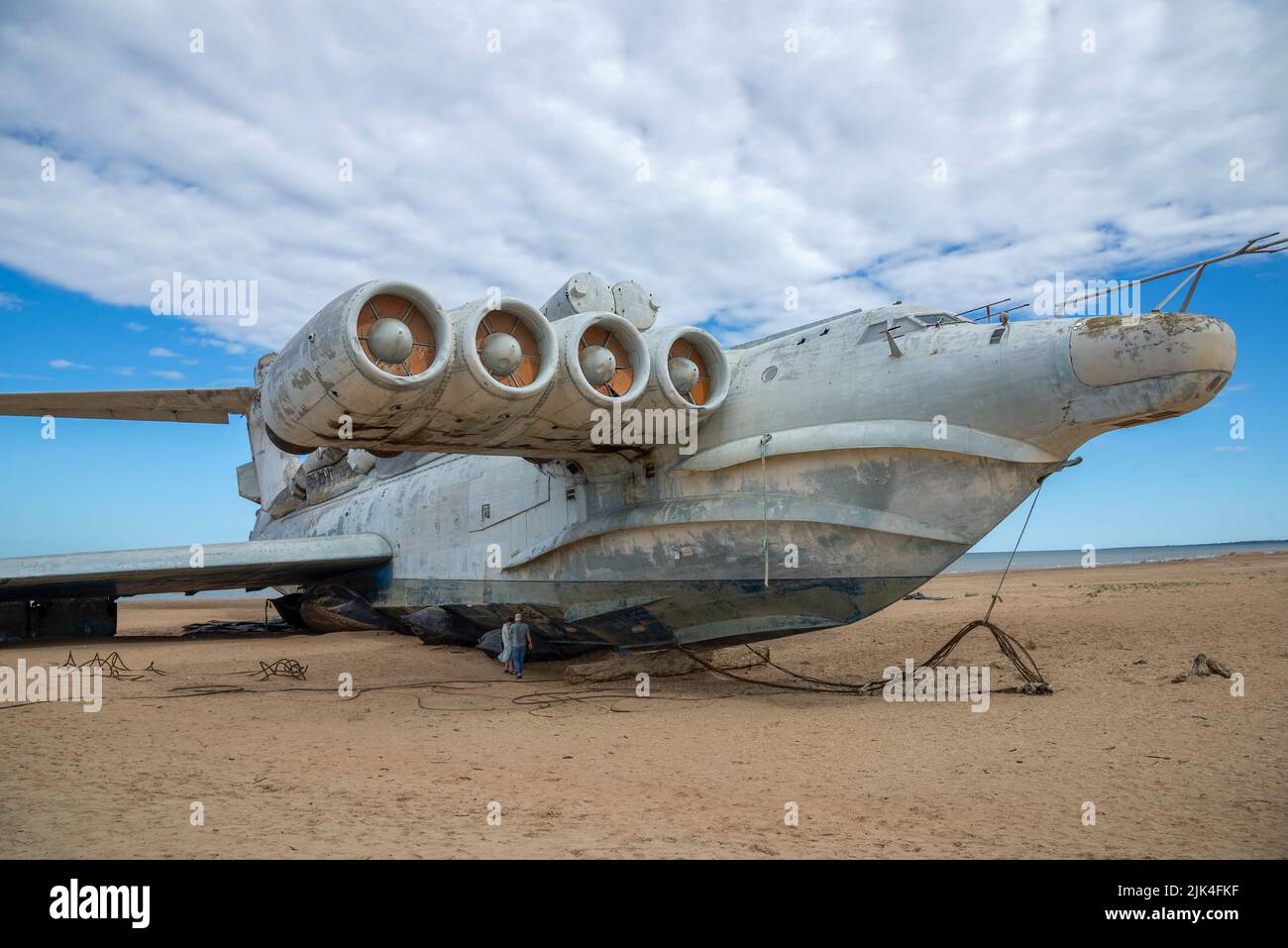 DERBENT, RUSSIA - SEPTEMBER 27, 2021: An old rocket ship-ekranoplan 'Lun' on the shore of the Caspian Sea. Surroundings of Derbent, Dagestan Stock Photo