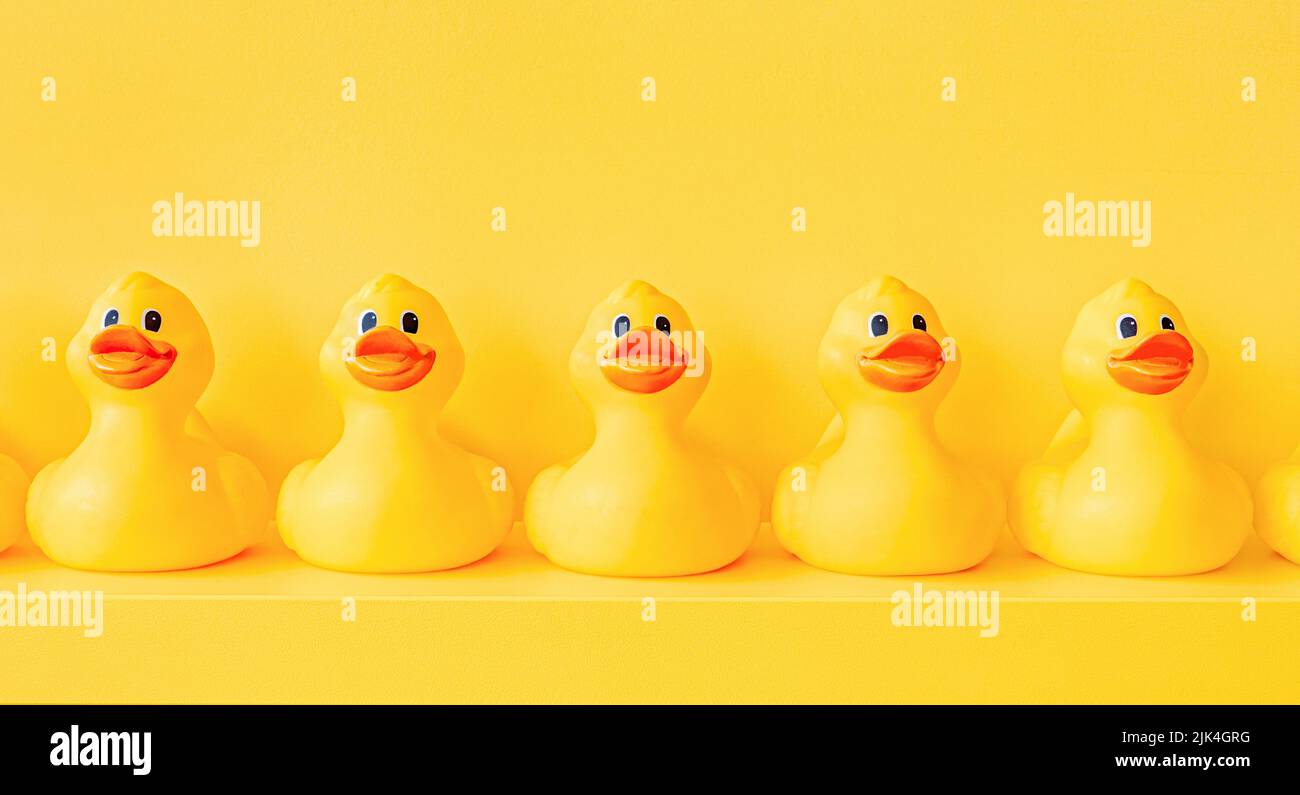 Design yellow rubber ducks in a line toy design shelf decor. Communication. Community. Association. Organize. Rubber duck pattern yellow concept Stock Photo