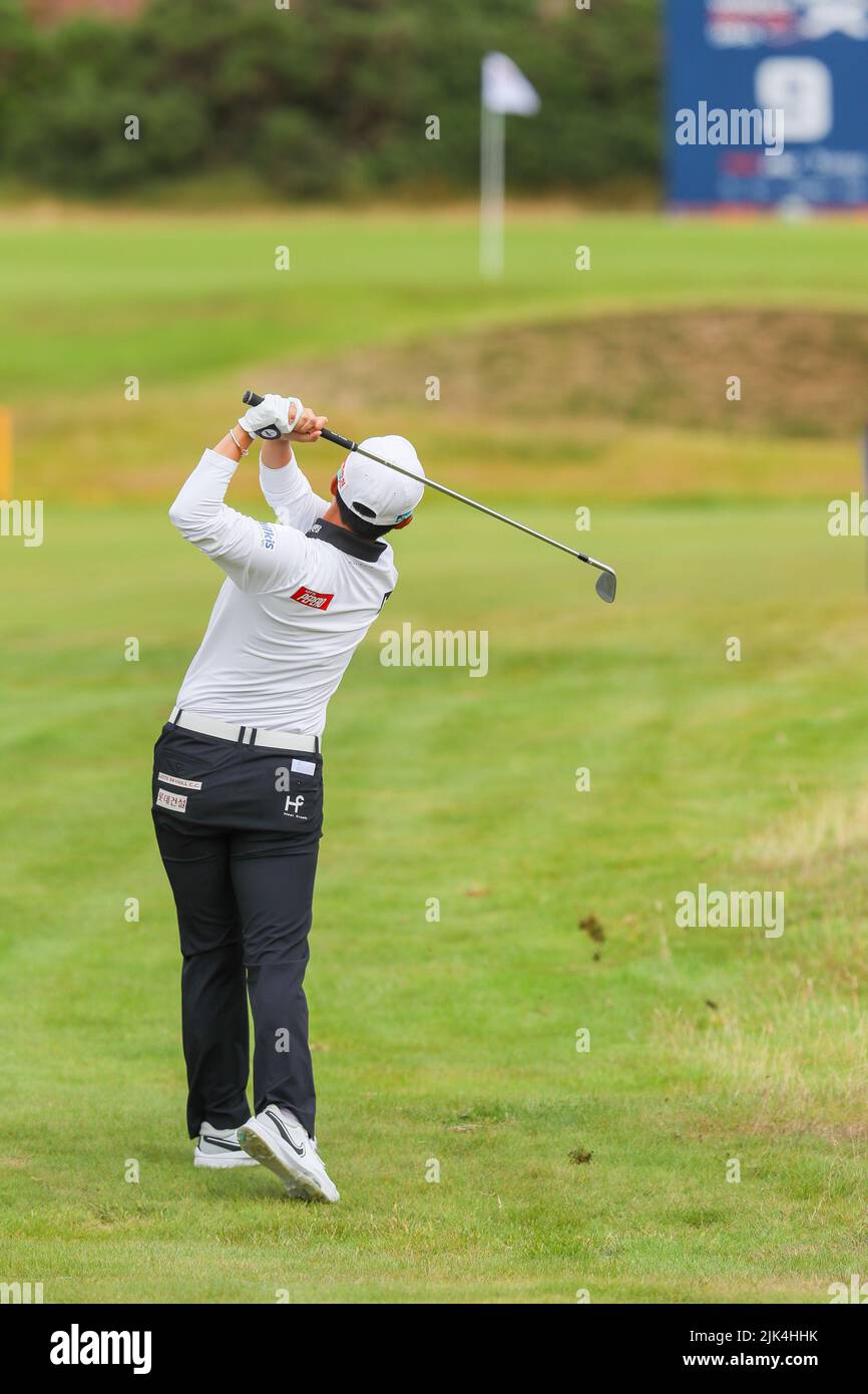 Irvine, UK. 30th July, 2022. The third round of the Trust Golf Women's Scottish Golf took place with 75 players making the cut. Heavy overnight rain from Friday into Saturday made for a softer and more testing course. Hyo Joo Kilm playing to the 9th green. Credit: Findlay/Alamy Live News Stock Photo