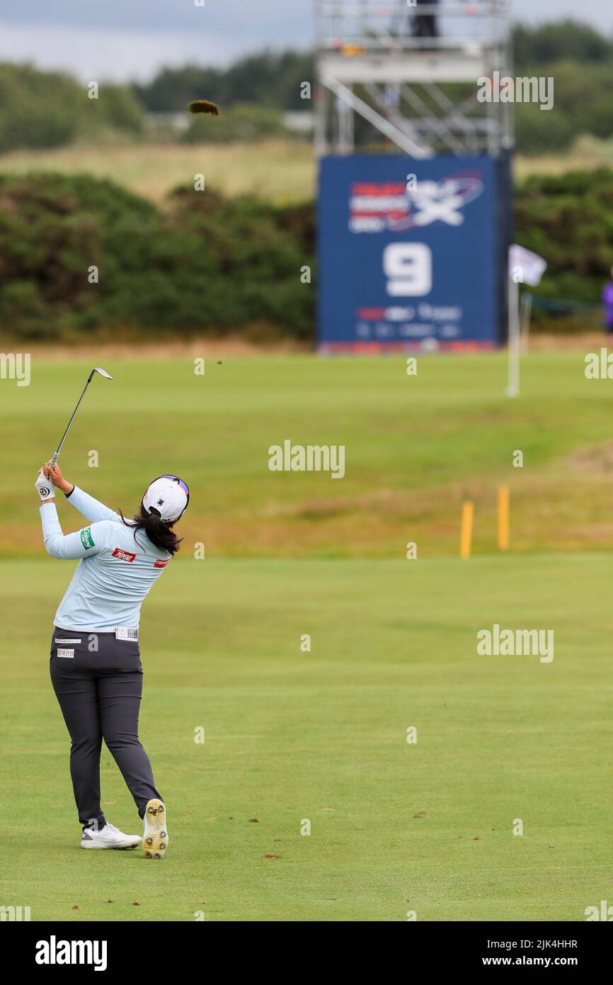 Irvine, UK. 30th July, 2022. The third round of the Trust Golf Women's Scottish Golf took place with 75 players making the cut. Heavy overnight rain from Friday into Saturday made for a softer and more testing course. Hye-jin Choi playing to the 9th green. Credit: Findlay/Alamy Live News Stock Photo