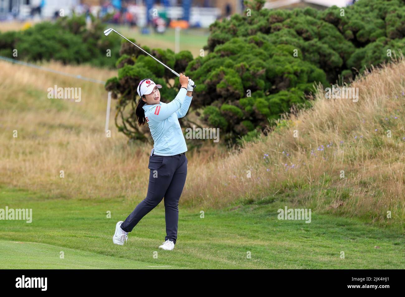Irvine, UK. 30th July, 2022. The third round of the Trust Golf Women's Scottish Golf took place with 75 players making the cut. Heavy overnight rain from Friday into Saturday made for a softer and more testing course. Hyo-jin choi playing from the 7th fairway. Credit: Findlay/Alamy Live News Stock Photo