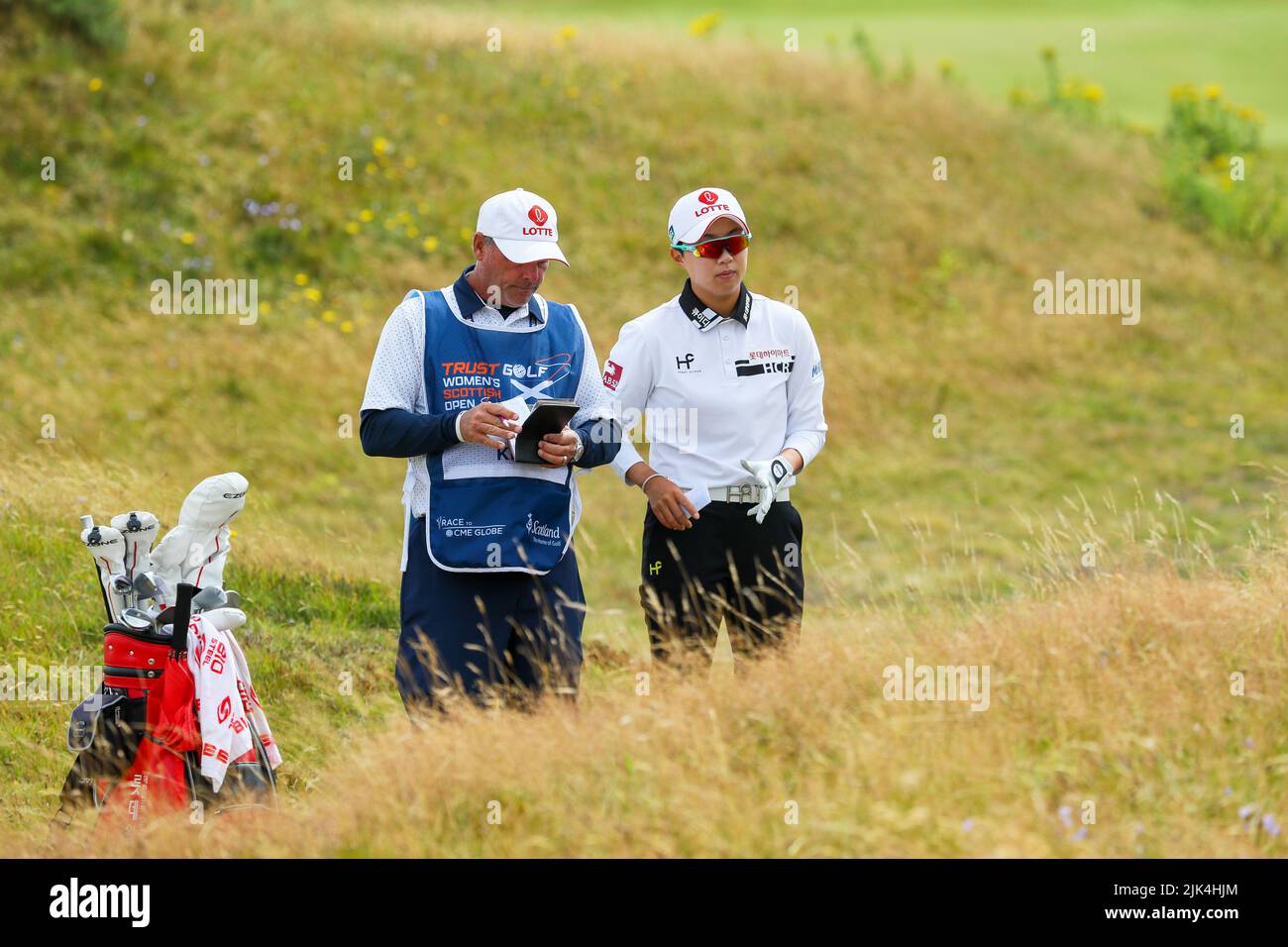 Irvine, UK. 30th July, 2022. The third round of the Trust Golf Women's Scottish Golf took place with 75 players making the cut. Heavy overnight rain from Friday into Saturday made for a softer and more testing course. Hyo Joo Kim in the rough at the 8th fairway. Credit: Findlay/Alamy Live News Stock Photo