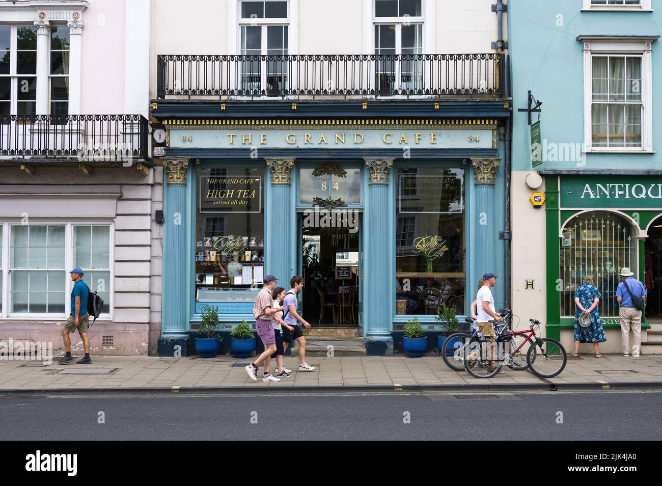 Exterior of The Grand Cafe tea room with people walking past, Oxford, UK Stock Photo