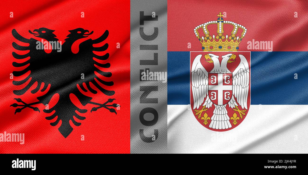 Conflict Albania and Serbia, war between Albania vs Serbia, fabric national flag Albania and Flag Serbia, war crisis concept. 3D work and 3D image Stock Photo