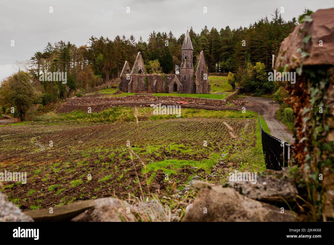 Christ Church ruins in Toormakeady, Ireland is situated picturesquely within the landscape Stock Photo