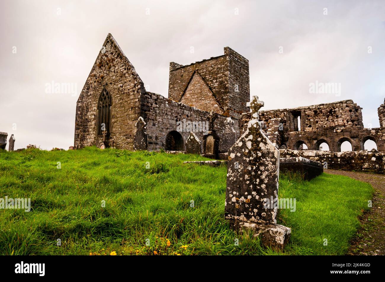 Arched cloistered late gothic architectural ruins of Burrishoole Friary in County Mayo, Ireland. Stock Photo