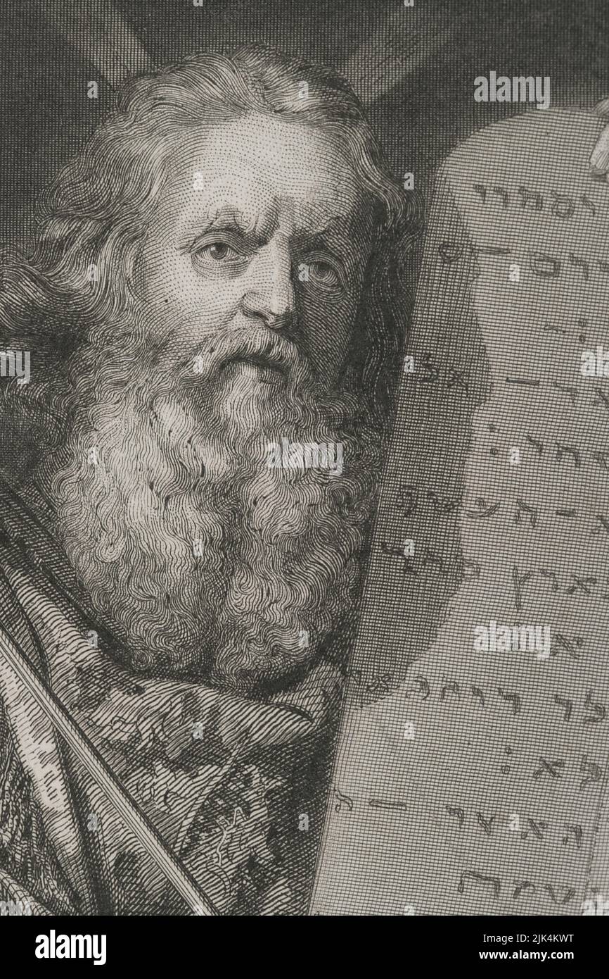 Old Testament. Prophet Moses with the Tablets of the Law. Engraving. Detail. "Historia Universal", by César Cantú. Volume I, 1854. Stock Photo