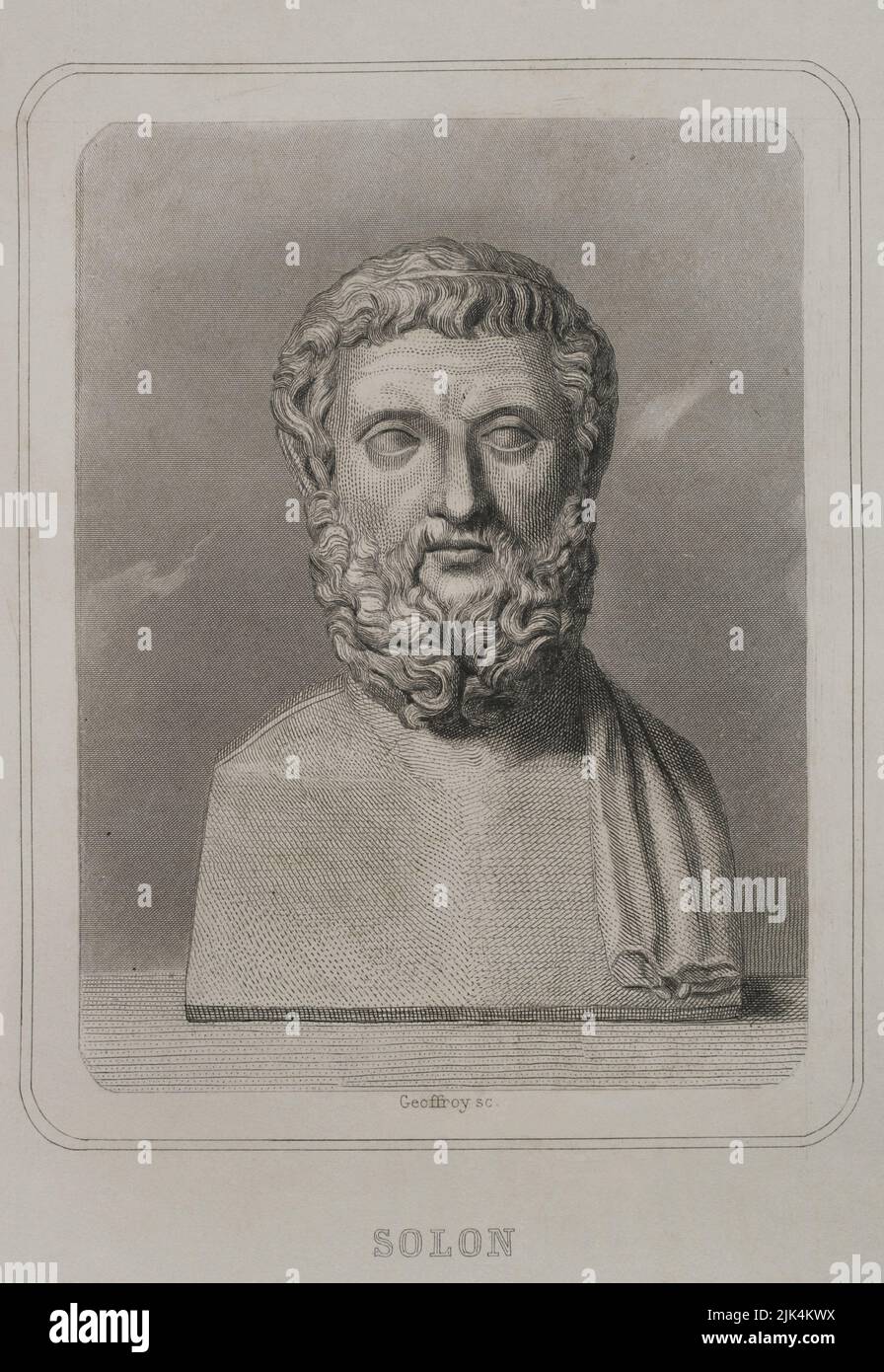 Solon (ca. 640 BC - ca. 558 BC). Athenian lawmaker, statesman and poet, one of the Seven Wise Men of Greece. Portrait. Engraving by Geoffroy. 'Historia Universal', by César Cantú. Volume I. 1854. Stock Photo