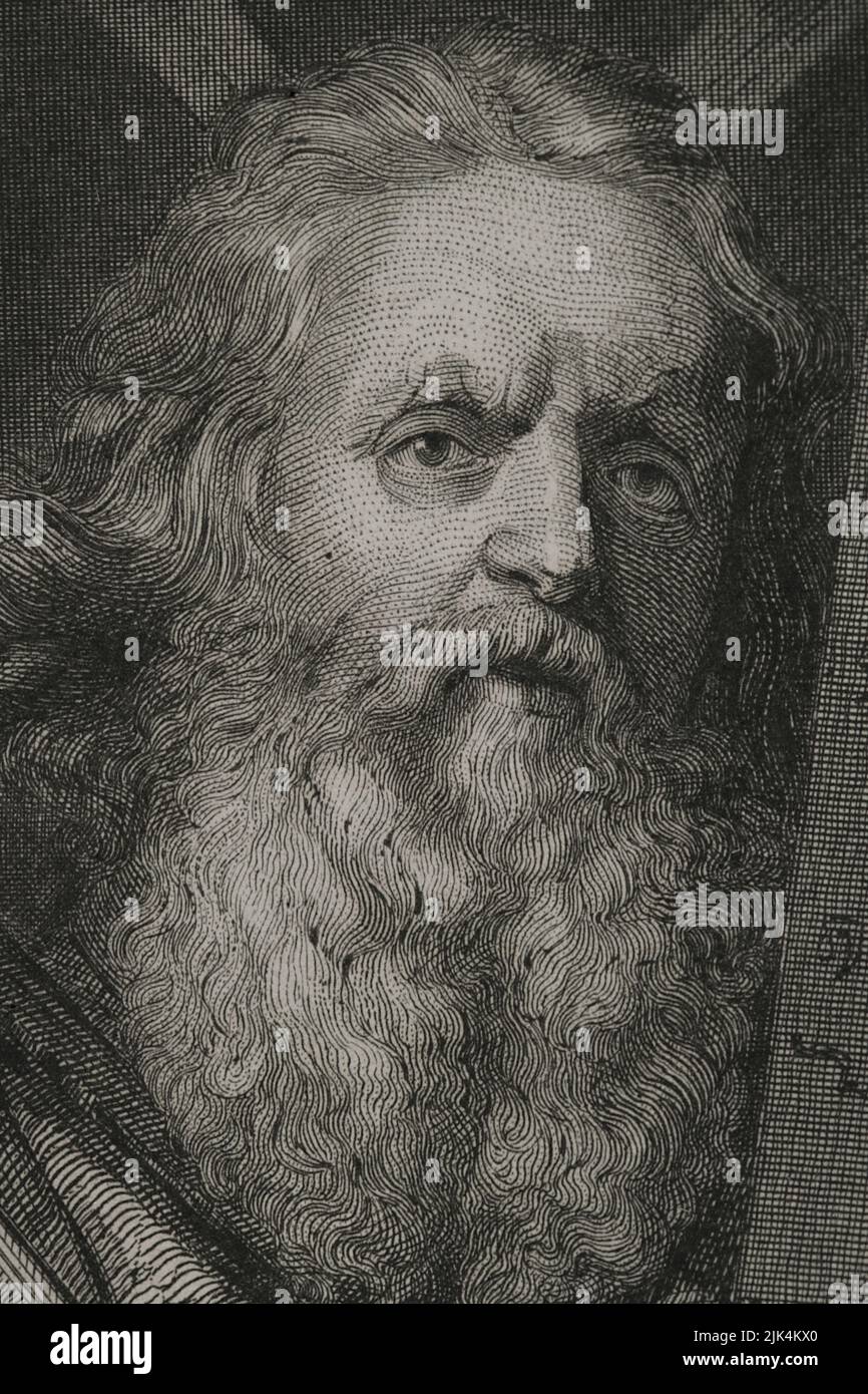 Old Testament. Prophet Moses with the Tablets of the Law. Portrait. ngraving. Detail. 'Historia Universal', by César Cantú. Volume I, 1854. Stock Photo