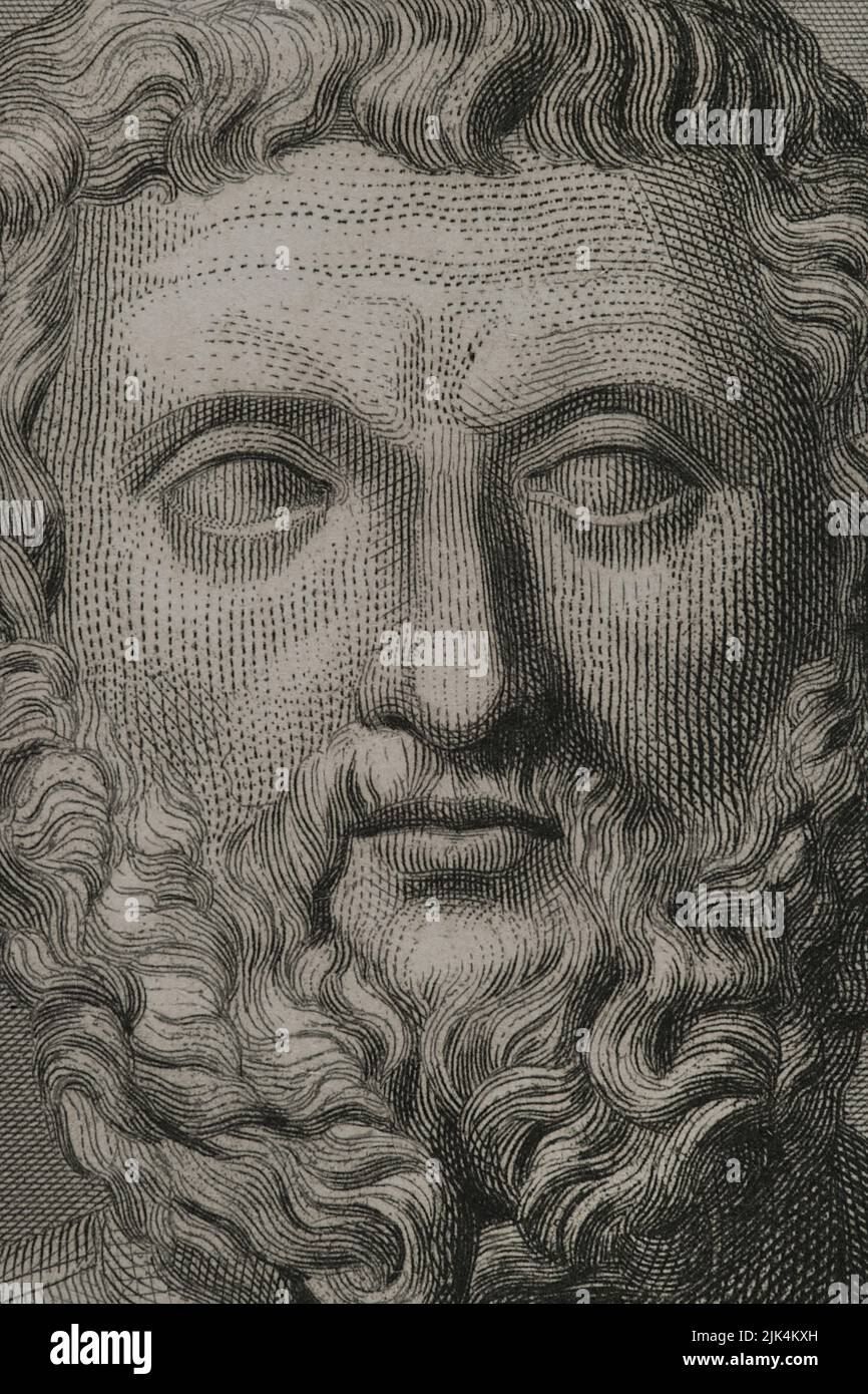 Solon (ca. 640 BC - ca. 558 BC). Athenian lawmaker, statesman and poet, one of the Seven Wise Men of Greece. Portrait. Engraving by Geoffroy. Detail. 'Historia Universal', by César Cantú. Volume I. 1854. Stock Photo
