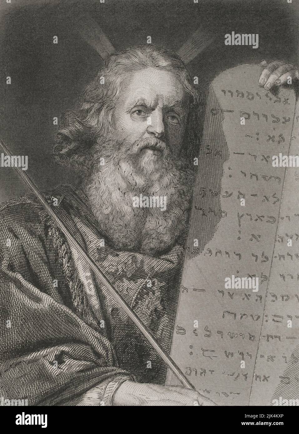 Old Testament. Prophet Moses with the Tablets of the Law. Engraving. 'Historia Universal', by César Cantú. Volume I, 1854. Stock Photo