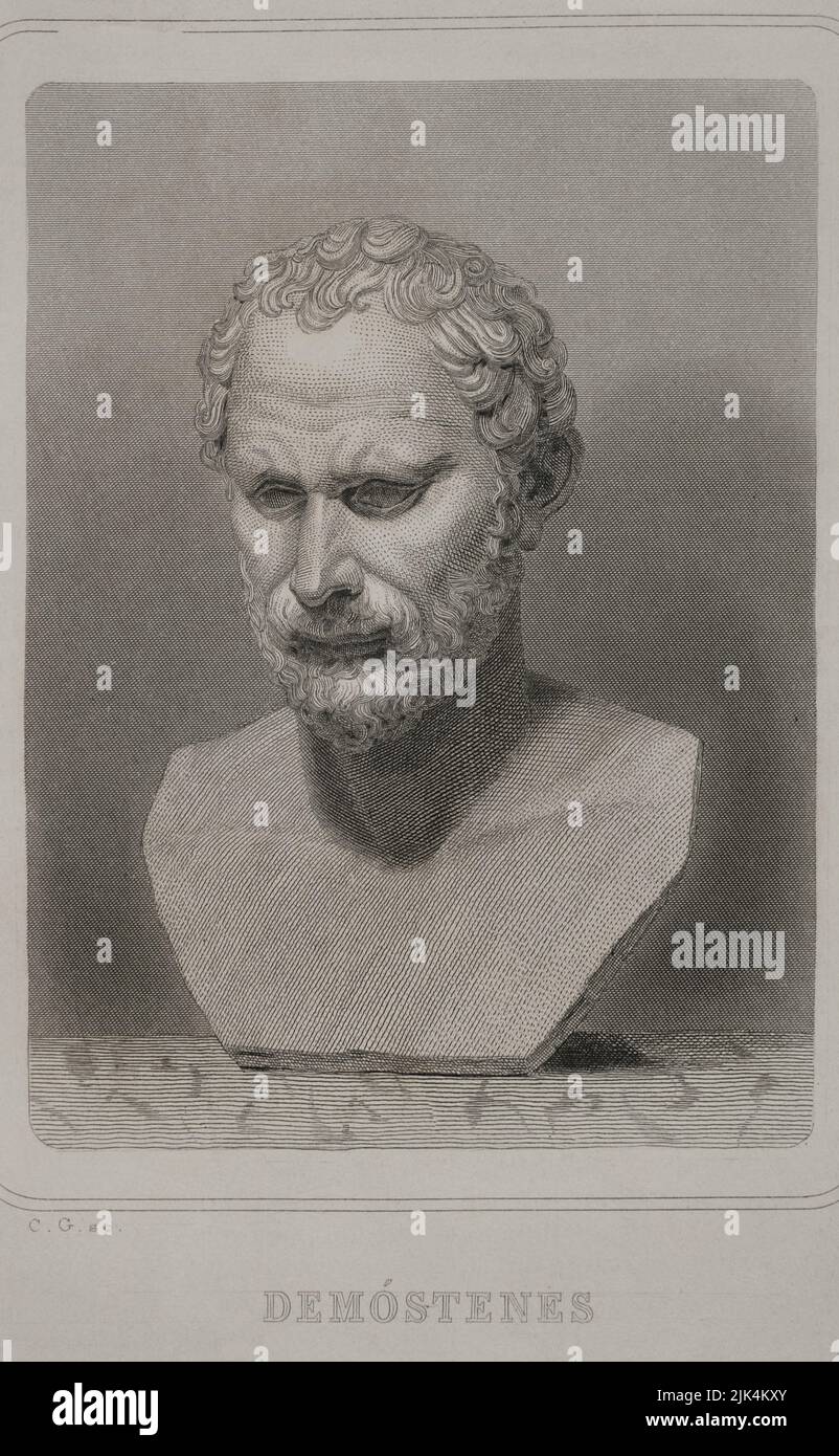 Demosthenes (384 BC - 322 BC). Greek orator and statesman. Portrait. Engraving. "Historia Universal", by César Cantú. Volume I, 1854. Stock Photo