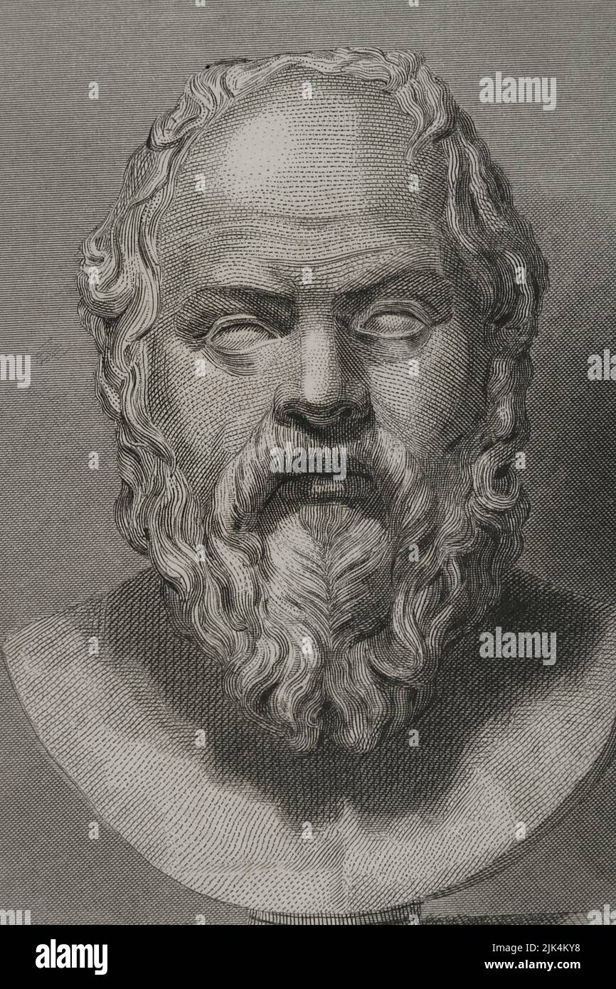 Socrates (469 BC - 399 BC). Greek philosopher. Portrait. Engraving. Detail. 'Historia Universal', by César Cantú. Volume I, 1854. Stock Photo