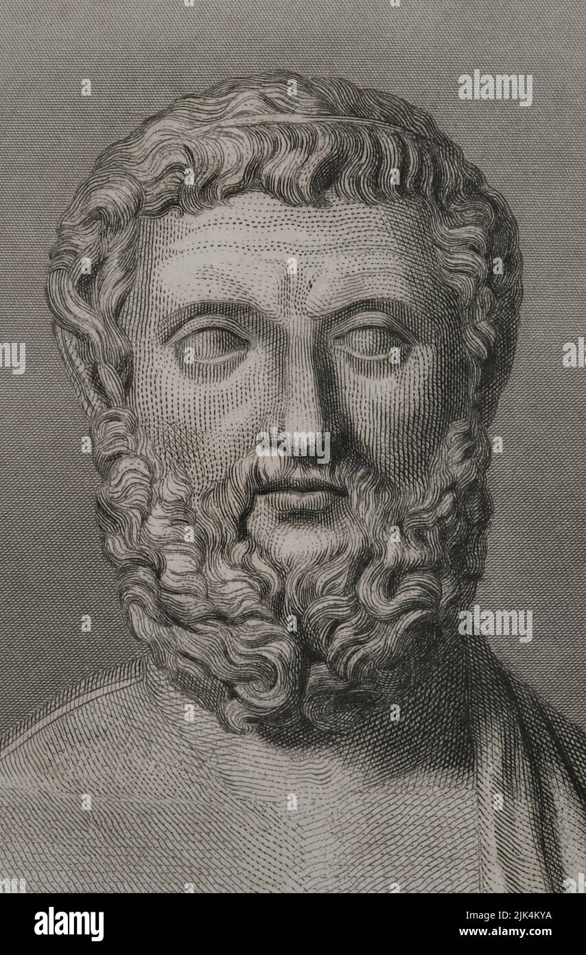 Solon (ca. 640 BC - ca. 558 BC). Athenian lawmaker, statesman and poet, one of the Seven Wise Men of Greece. Portrait. Engraving by Geoffroy. Detail. 'Historia Universal', by César Cantú. Volume I. 1854. Stock Photo