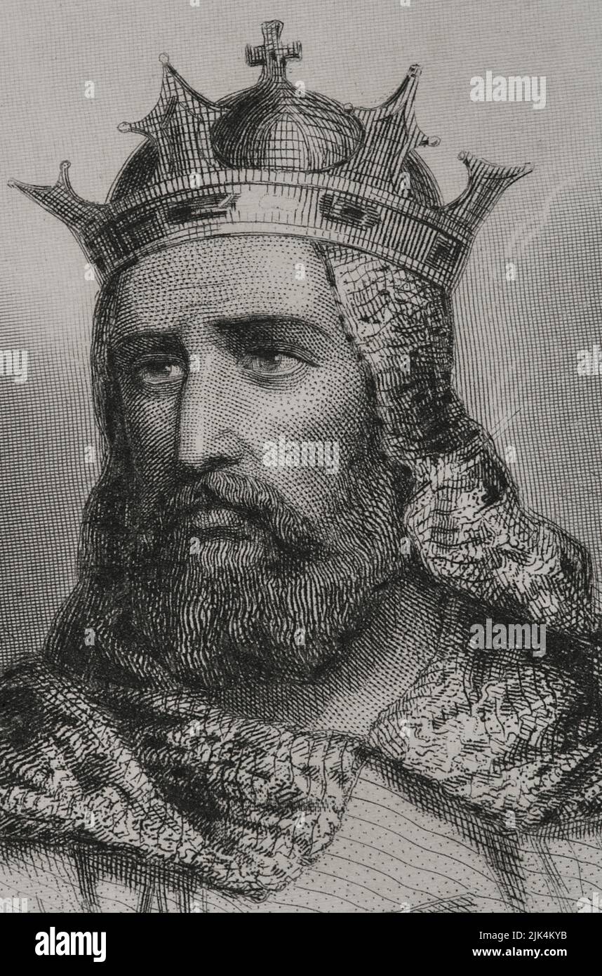 Godfrey of Bouillon (1060-1100). Military leader during the First Crusade. First ruler of the Kingdom of Jerusalem (1099-1100), choosing for his mandate the title of 'Defender of the Holy Sepulchre'. Portrait. Engraving by Geoffroy. Detail. 'Historia Universal', by César Cantú. Volume III, 1855. Stock Photo