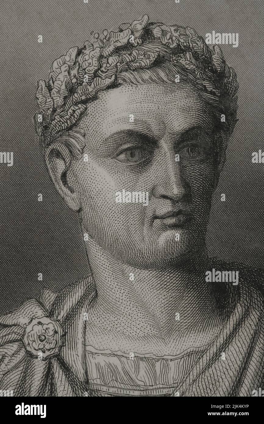Constantine I the Great (Gaius Flavius Valerius Constantinus) (ca. 272 - 337). Roman emperor. Portrait. Engraving. Detail. "Historia Universal)", by César Cantú. Volume II, 1854. Stock Photo