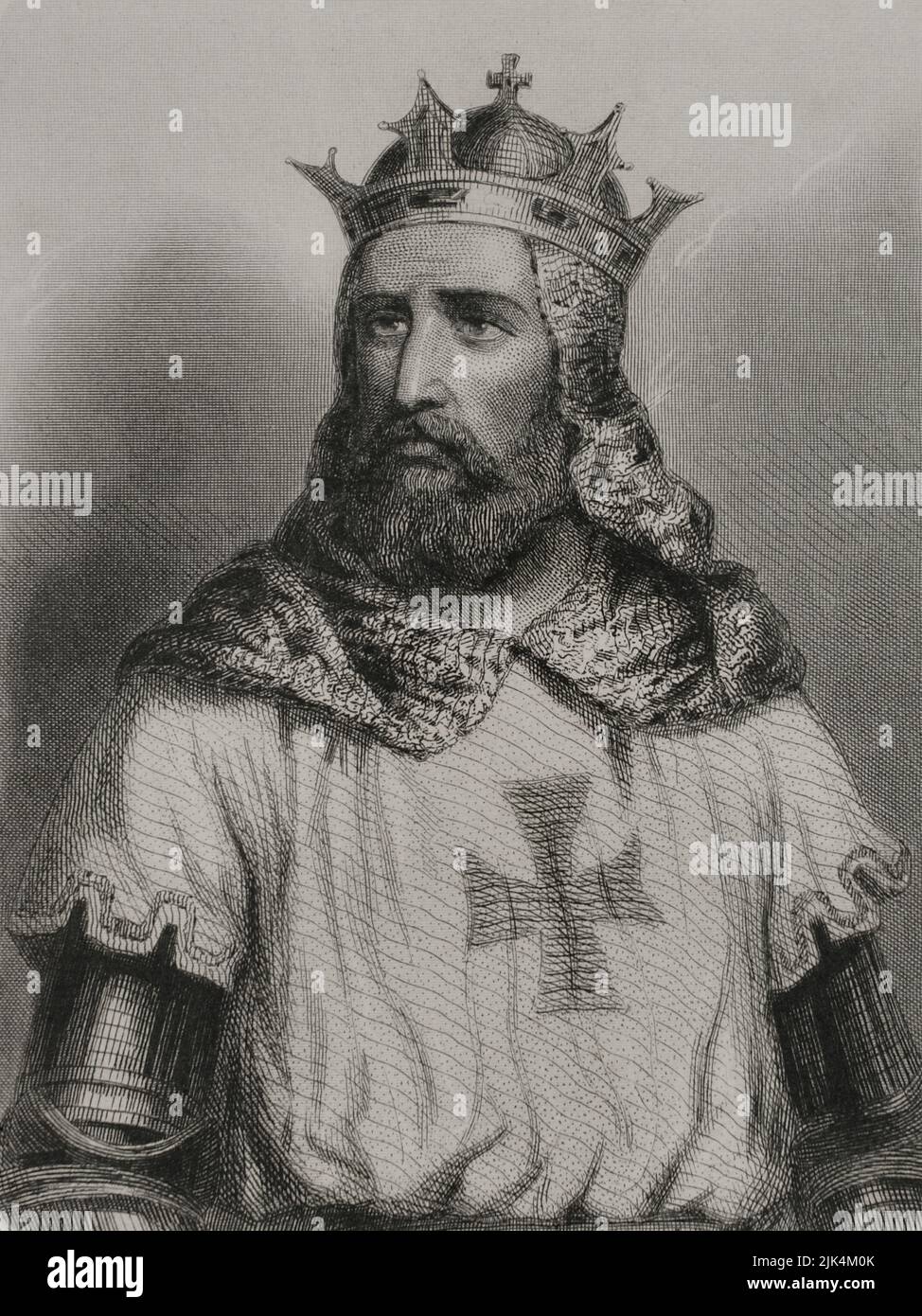 Godfrey of Bouillon (1060-1100). Military leader during the First Crusade. First ruler of the Kingdom of Jerusalem (1099-1100), choosing for his mandate the title of 'Defender of the Holy Sepulchre'. Portrait. Engraving by Geoffroy. 'Historia Universal', by César Cantú. Volume III, 1855. Stock Photo