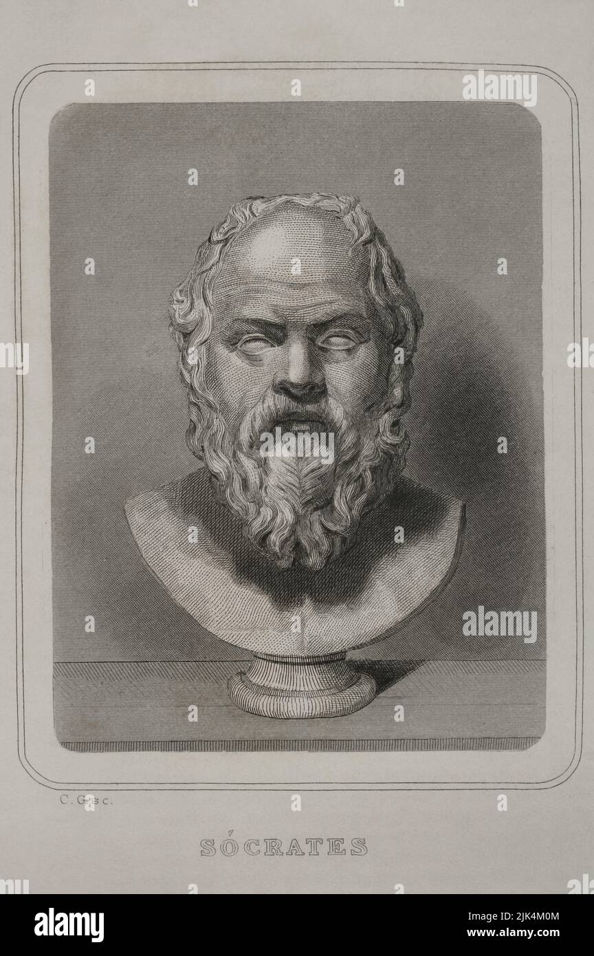 Socrates (469 BC - 399 BC). Greek philosopher. Portrait. Engraving. 'Historia Universal', by César Cantú. Volume I, 1854. Stock Photo