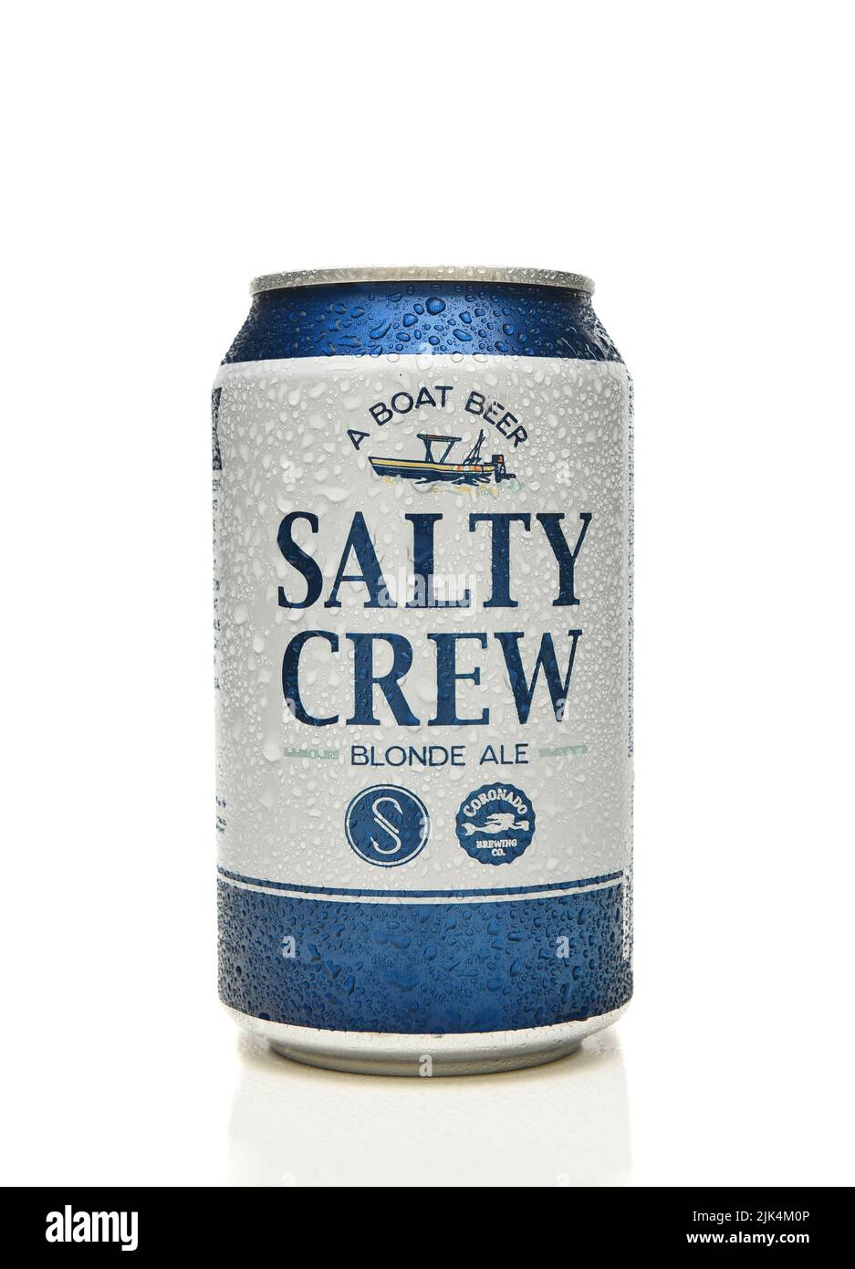 IRVINE, CALIFORNIA - 25 JUL 2022: A can of Salty Crew Blonde Ale on white with reflection. Stock Photo