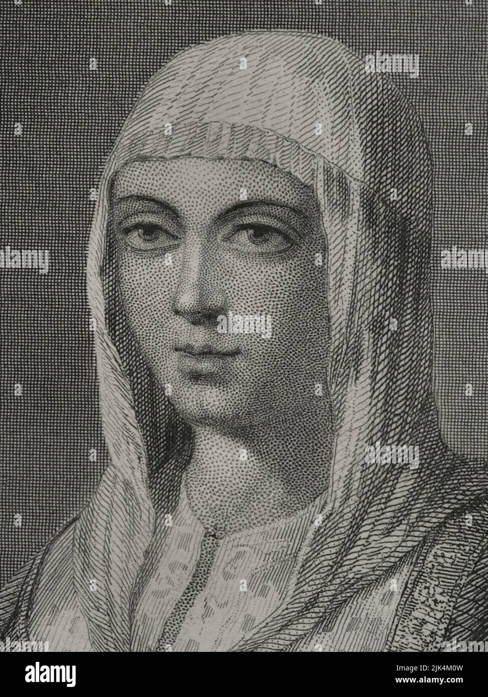 Isabella I (1451-1504). Queen of Castile (1474-1504). Queen consort of Aragon for her marriage to Ferdinand II of Aragon. Portrait. Engraving by Geoffroy. Detail. Historia Universal, by César Cantú. Volume IV, 1856. Stock Photo