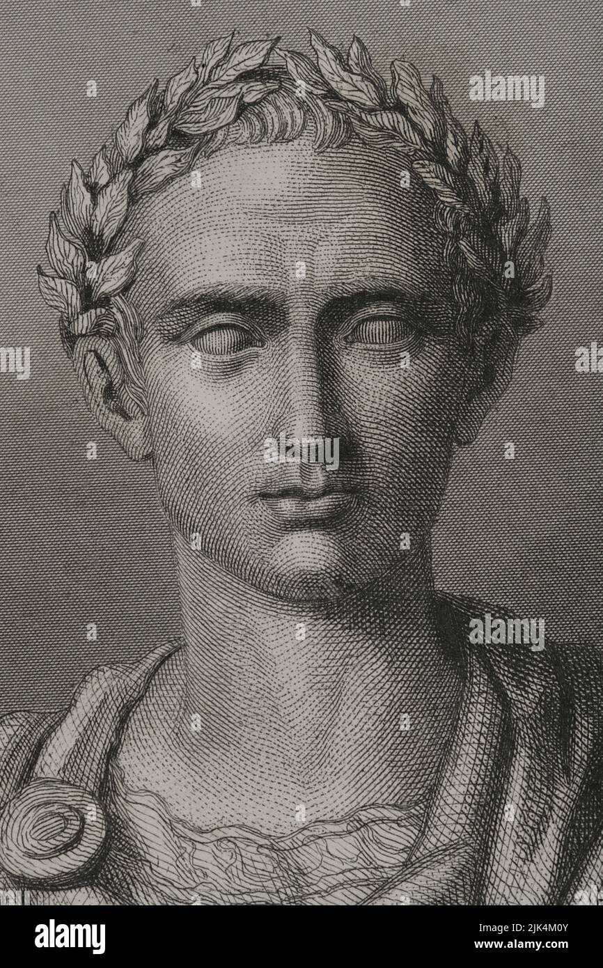 Gaius Julius Caesar (100 BC - 44 BC). Roman politician, general and writer. In 60 BC he established a triumvirate with Pompey and Crassus. Conquered Gaul. Head of the empire an dictator in perpetuity (Dictator Perpetuus). Portrait. Engraving. Detail. "Historia Universal", by César Cantú. Volume II, 1854. Stock Photo