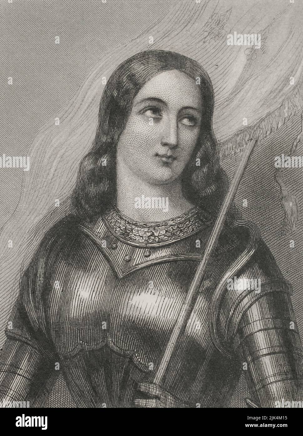 Saint Joan of Arc (1412-1431), so-called the Maid of Orleans. French heroine. Beatified in 1909 and canonized in 1920. Portrait. Engraving by Geoffroy. "Historia Universal", by César Cantú. Volume IV, 1856. Stock Photo