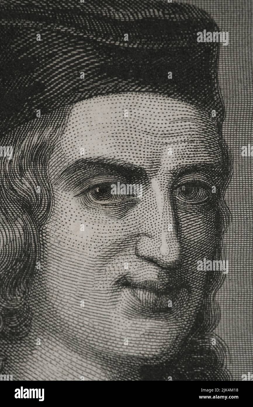Gonzalo Fernández de Cordoba (1453-1515), called "El Gran Capitan" ("The Great Captain)". Spanish general. Portrait. Engraving by Geoffroy. Detail. "Historia Universal", by César Cantú. Volume IV, 1856. Stock Photo