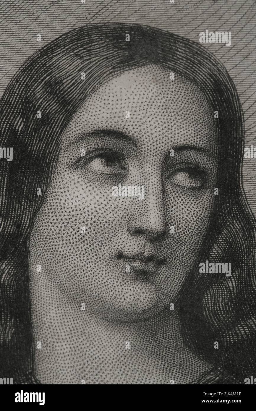 Saint Joan of Arc (1412-1431), so-called the Maid of Orleans. French heroine. Beatified in 1909 and canonized in 1920. Portrait. Engraving by Geoffroy. Detail. "Historia Universal", by César Cantú. Volume IV, 1856. Stock Photo