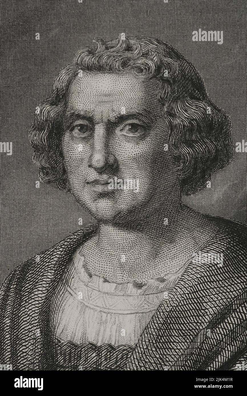 Christopher Columbus (1451-1506). Navigator, cartographer and admiral. He served the Crown of Castile. Discoverer of America in 1492. Portrait. Engraving by Geoffroy. Detail. 'Historia Universal', by César Cantú. Volume IV, 1856. Stock Photo