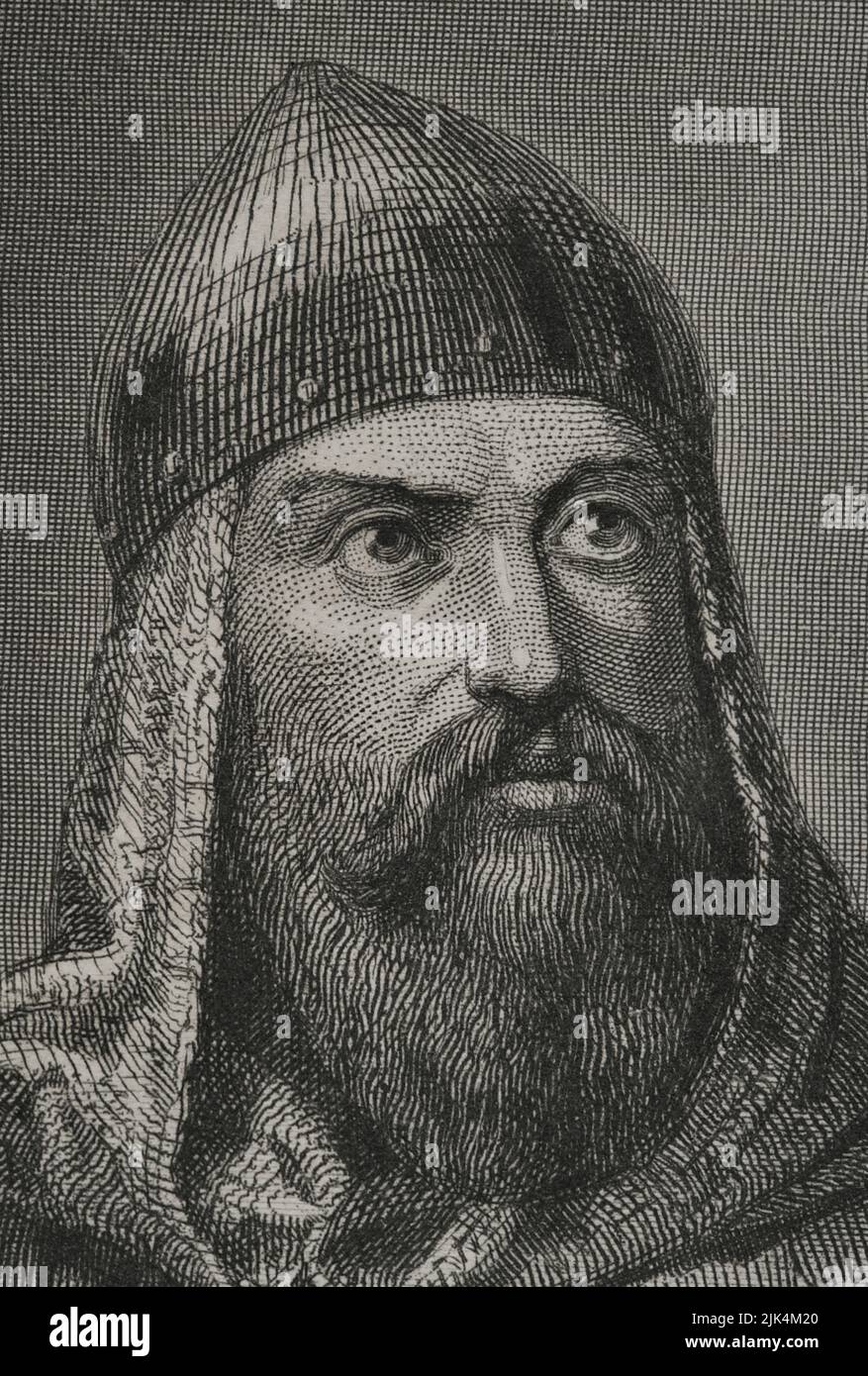 Rodrigo Díaz de Vivar, known as El Cid Campeador (ca. 1043-1099). Castilian nobleman, knighted by the infante Sancho. He took part in the battles of Llantada and Golpejera against Alfonso VI, and the Siege of Zamora. Portrait. Engraving by Geoffroy. Detail. 'Historia Universal', by César Cantú. Volume III, 1855. Stock Photo