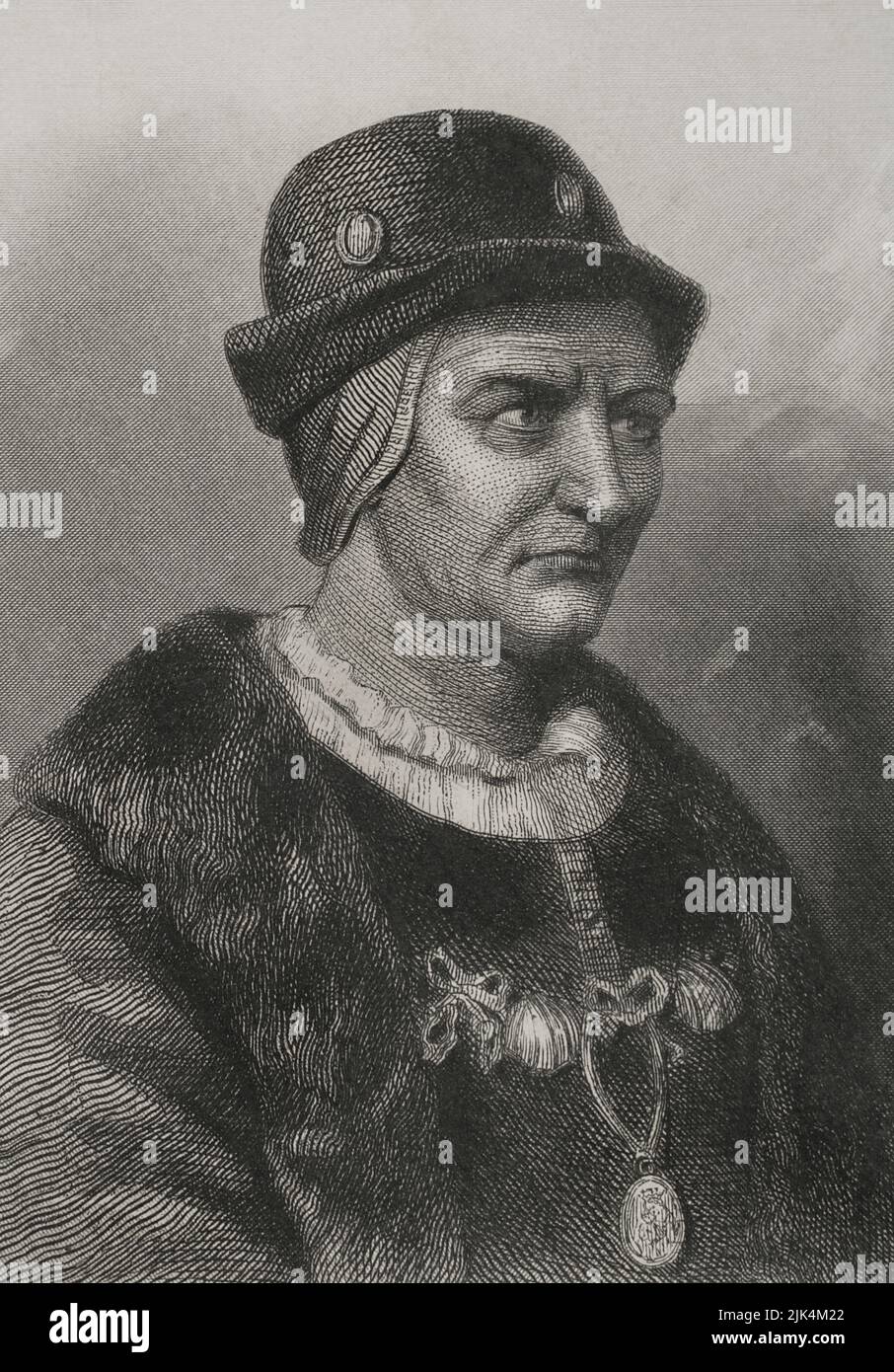 Louis XI (1423-1483), nicknamed "the Prudent". King of France (1461-1483). Portrait. Engraving by Geoffroy. "Historia Universal", by César Cantú. Volume IV, 1856. Stock Photo