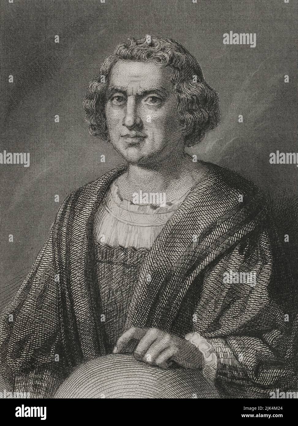 Christopher Columbus (1451-1506). Navigator, cartographer and admiral. He served the Crown of Castile. Discoverer of America in 1492. Portrait. Engraving by Geoffroy. "Historia Universal", by César Cantú. Volume IV, 1856. Stock Photo