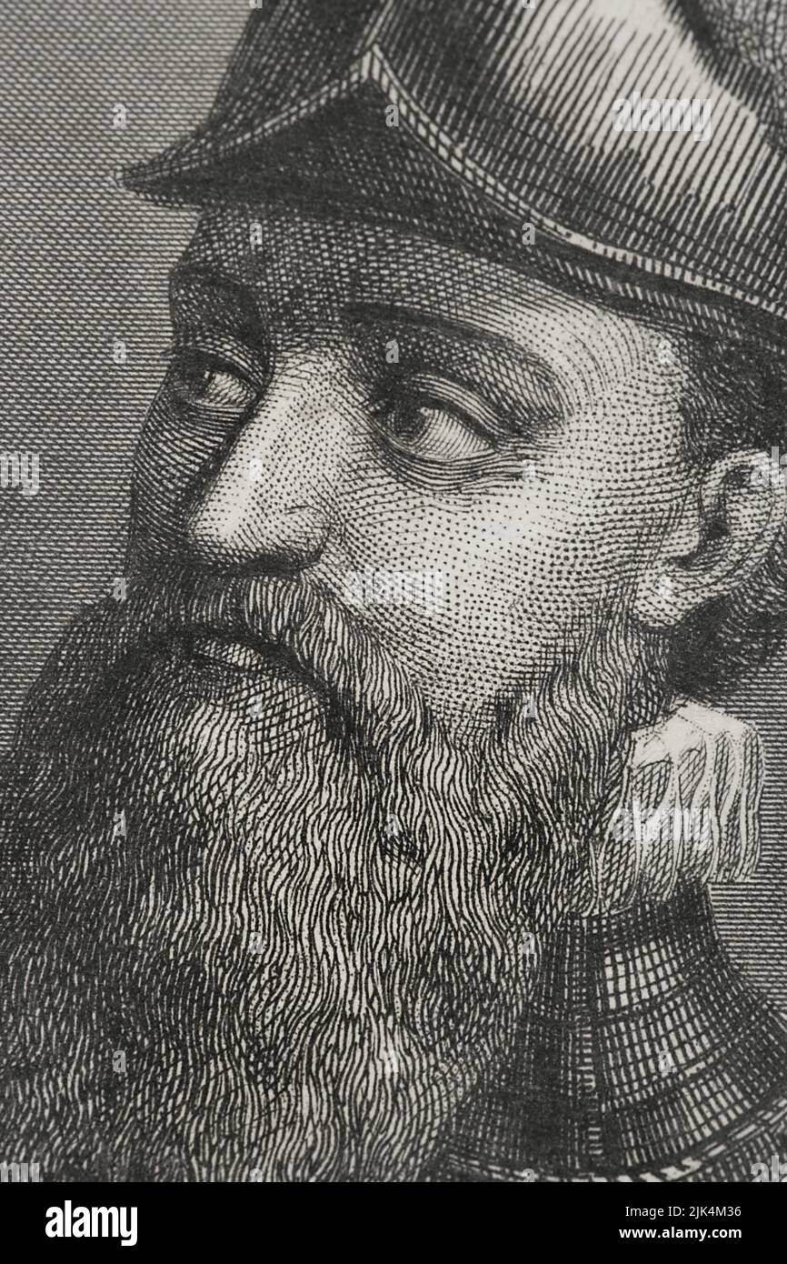 Francisco Pizarro (1478-1541). Spanish conqueror of the Inca empire. Portrait. Engraving. Detail. "Historia Universal", by César Cantú. Volume IV, 1856. Stock Photo