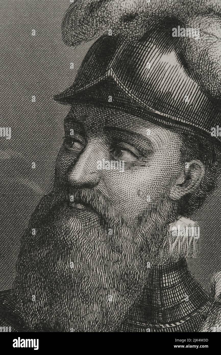Francisco Pizarro (1478-1541). Spanish conqueror of the Inca empire. Portrait. Engraving. Detail. "Historia Universal", by César Cantú. Volume IV, 1856. Stock Photo