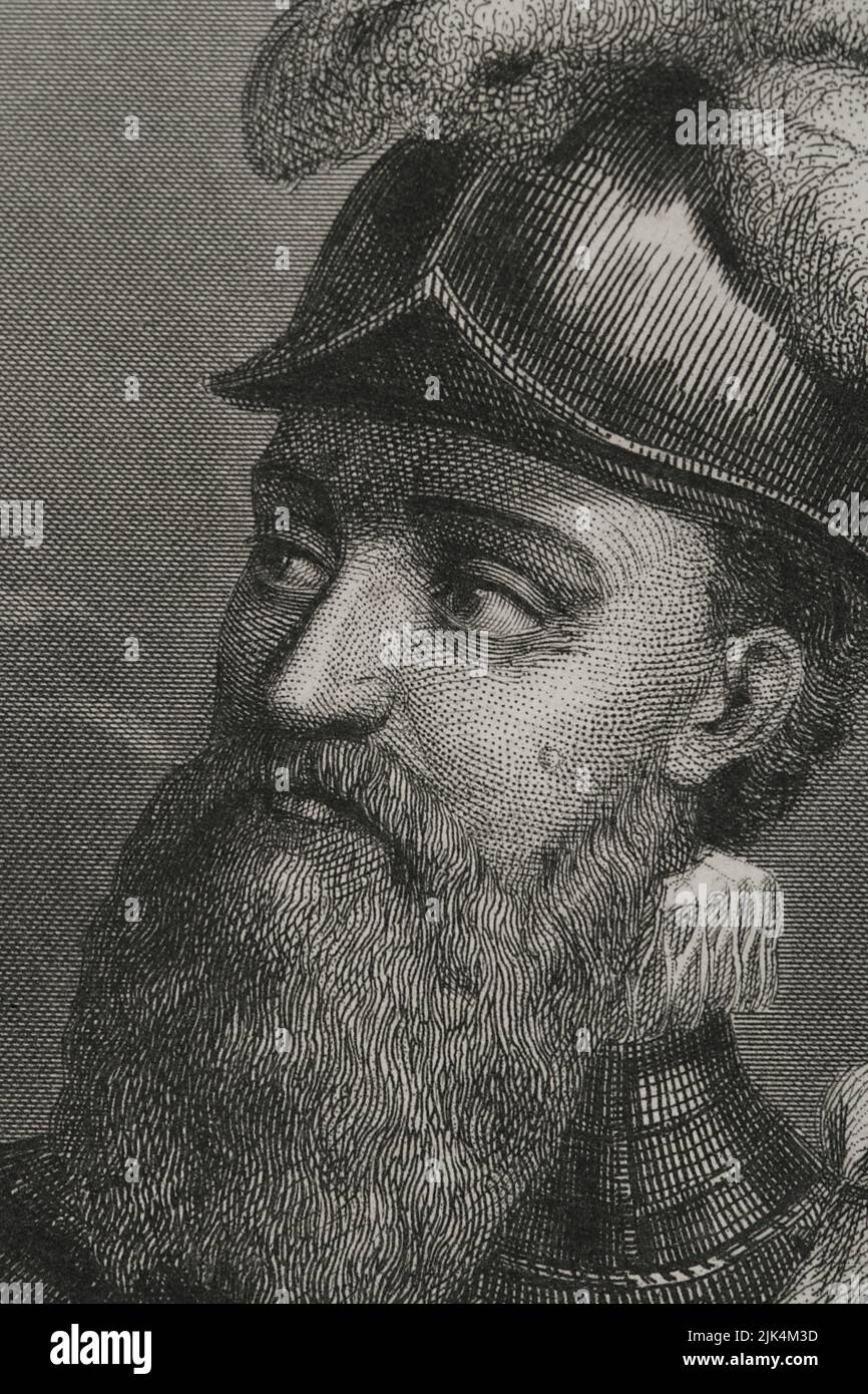 Francisco Pizarro (1478-1541). Spanish conqueror of the Inca empire. Portrait. Engraving. Detail. 'Historia Universal', by César Cantú. Volume IV, 1856. Stock Photo