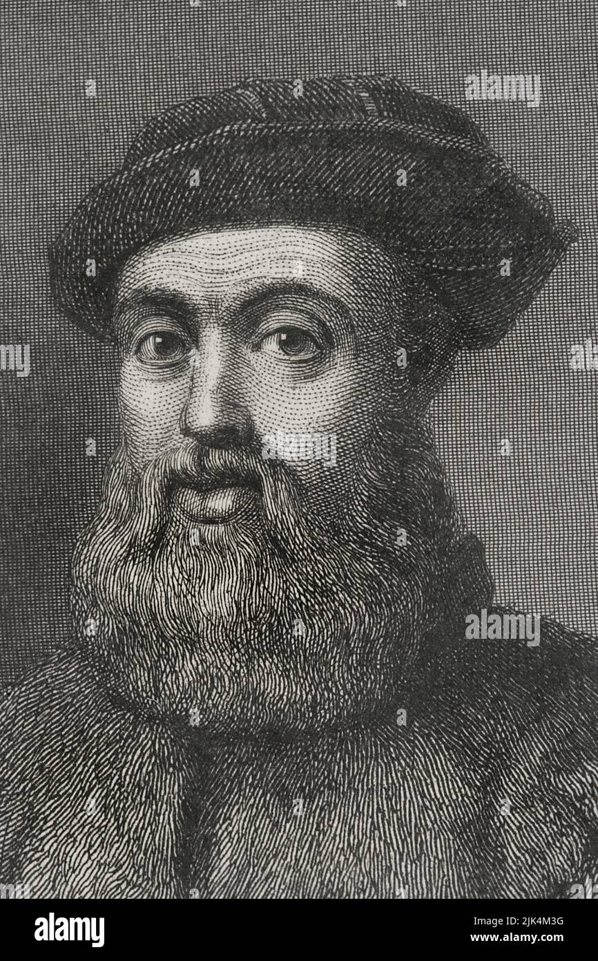 Ferdinand Magellan (1480-1521). Portuguese explorer. Portrait. Engraving by Geoffroy. Detail. 'Historia Universal', by César Cantú. Volume IV, 1856. Stock Photo