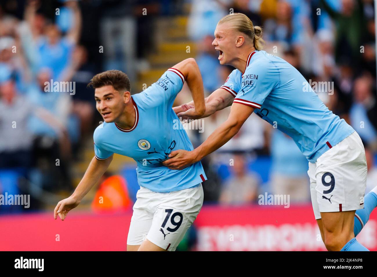 Leicester, UK. 30th July 2022; The King Power Stadium, Leicester, Leicestershire, England;  FA Community Shield, Liverpool versus Manchester City; Erling Haaland and Julian Alvarez of Manchester City celebrate Alvarez&#x2019; equalising goal after 70 minutes (1-1) Credit: Action Plus Sports Images/Alamy Live News Stock Photo