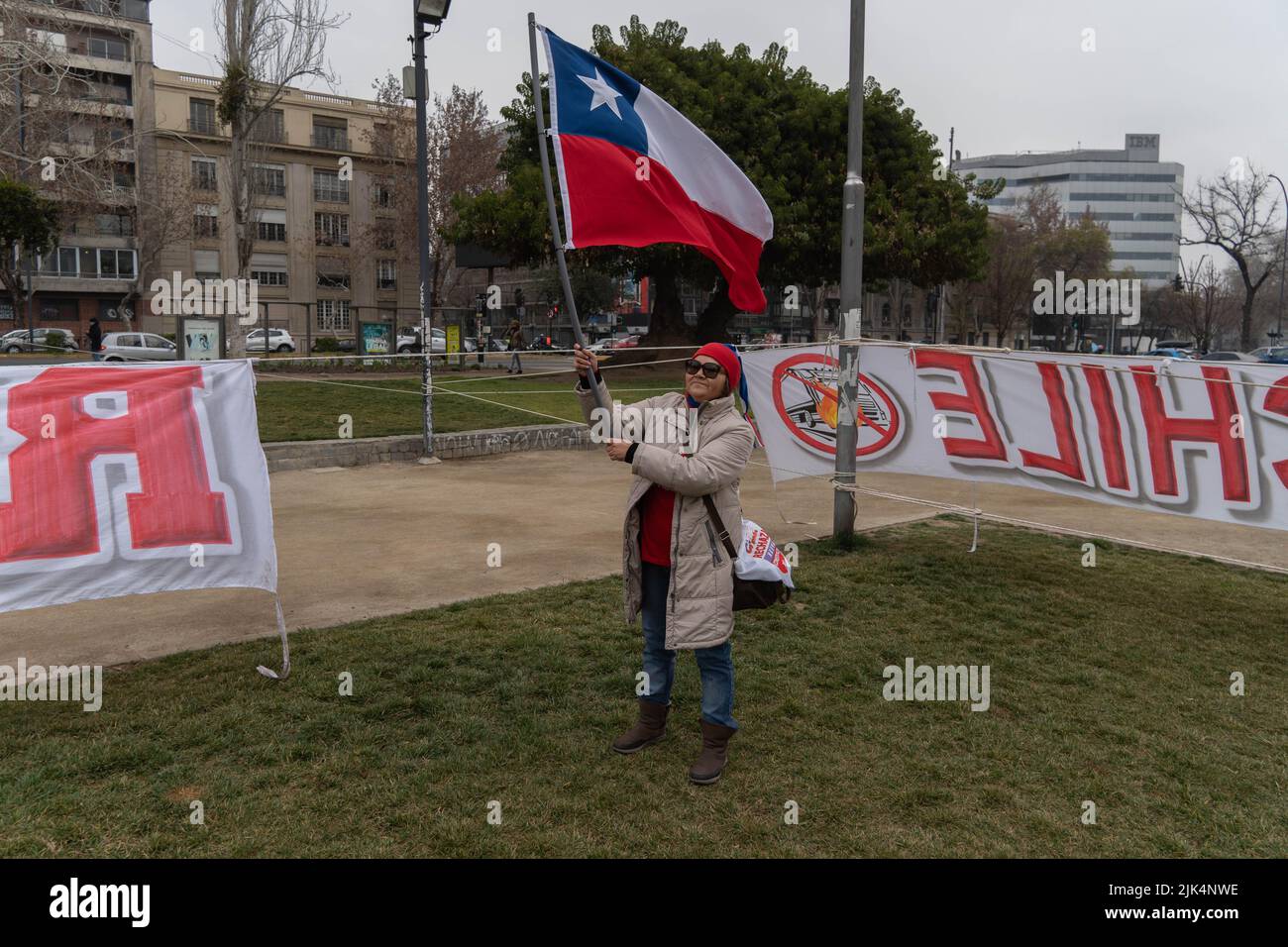 Santiago, Metropolitana, Chile. 30th July, 2022. A woman against the new proposed constitution takes part in a rally in Santiago, Chile. On September 4, Chile will vote on whether to approve or reject the new constitution. (Credit Image: © Matias Basualdo/ZUMA Press Wire) Stock Photo