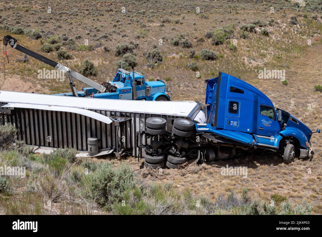 Diamondville, Wyoming - A semi-trailer truck that drove off U.S. Highway 30 and crashed in southwestern Wyoming. Stock Photo