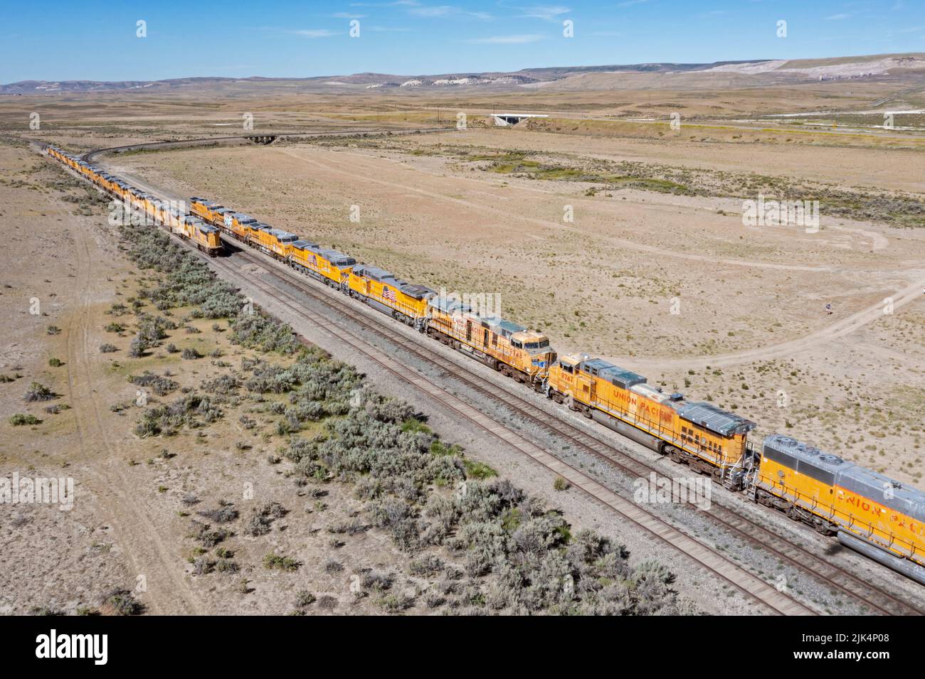 Kemmerer, Wyoming - Dozens of Union Pacific locomotives are parked in the Wyoming desert. Stock Photo