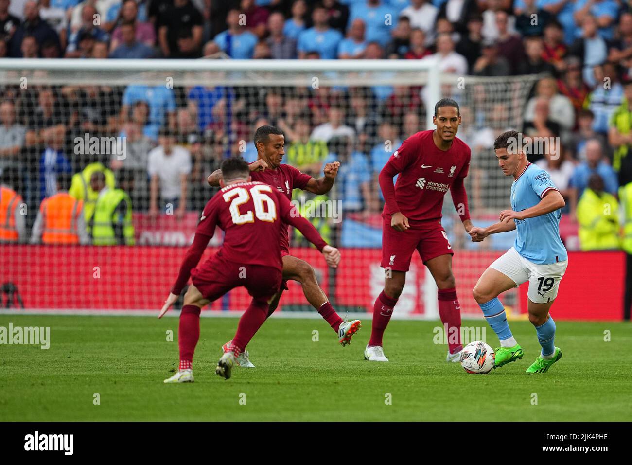 Leicester, UK. 30th July, 2022. Julian Alvarez of Manchester City faces off again 3 Liverpool players during the FA Community Shield match between Liverpool and Manchester City at the King Power Stadium, Leicester, England on 30 July 2022. Photo by Scott Boulton. Editorial use only, license required for commercial use. No use in betting, games or a single club/league/player publications. Credit: UK Sports Pics Ltd/Alamy Live News Stock Photo