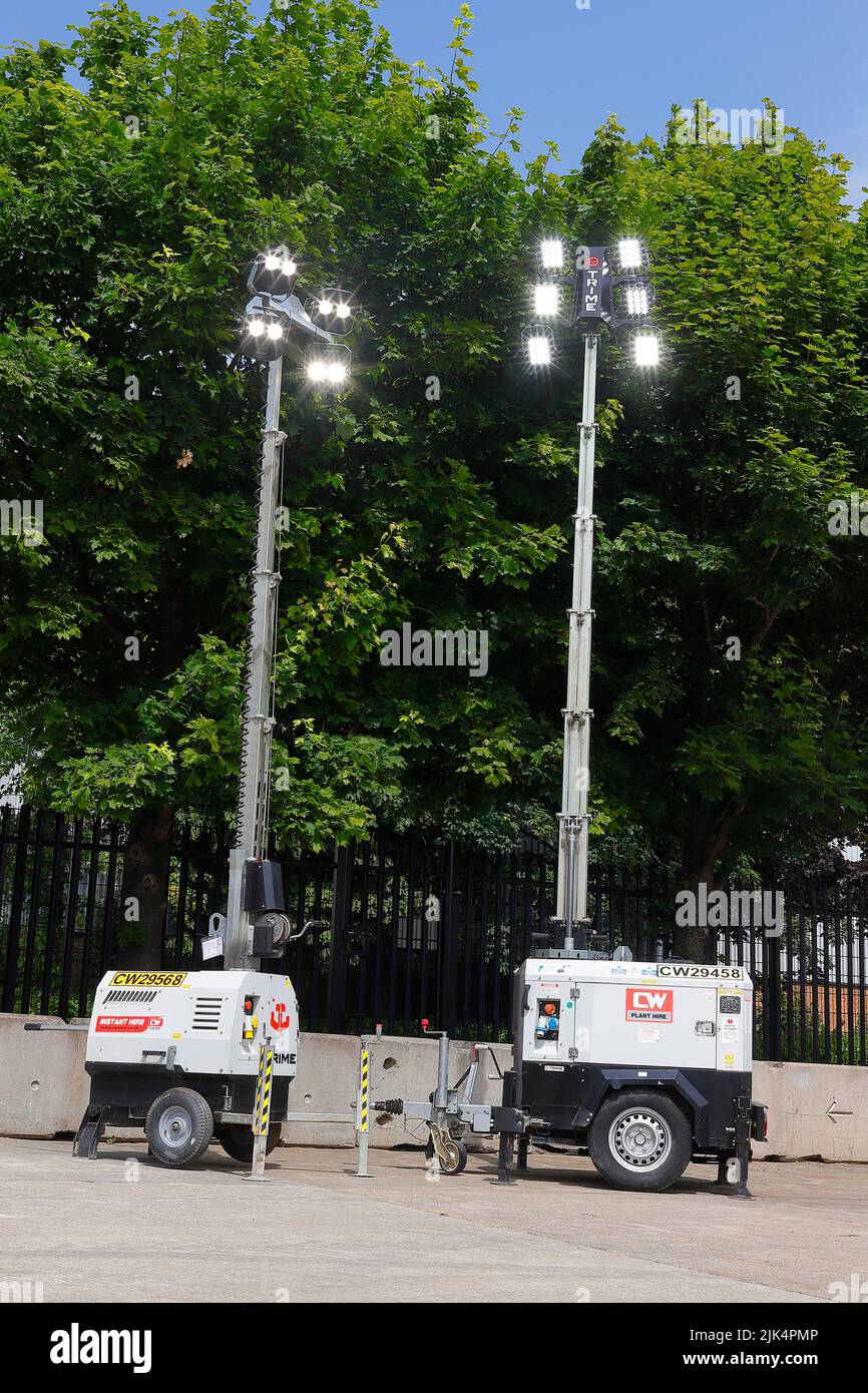 Trime X-City push along & Trime X-Eco K2 towable tower lights in their fully extended positions Stock Photo