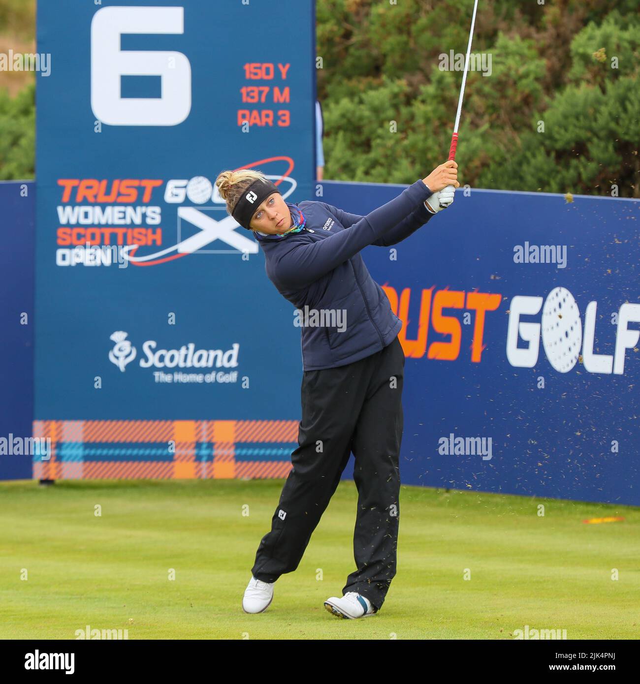 Irvine, UK. 30th July, 2022. The third round of the Trust Golf Women's Scottish Golf took place with 75 players making the cut. Heavy overnight rain from Friday into Saturday made for a softer and more testing course. Pauline Rousin on the 6th tee. Credit: Findlay/Alamy Live News Stock Photo
