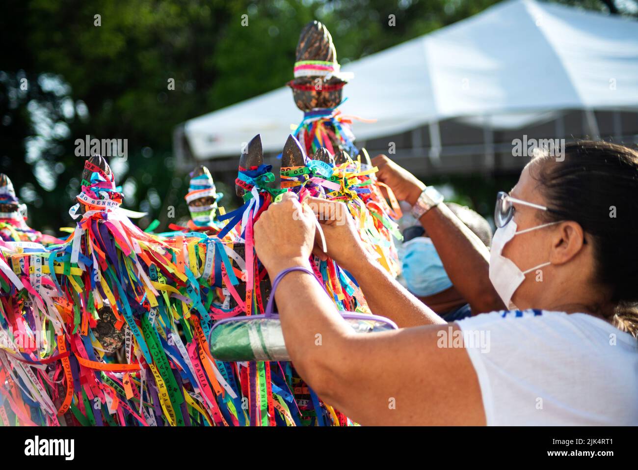 Salvador, Bahia, Brazil - January 07, 2022: Faithful pray together at the famous Senhor do Bonfim church in Salvador, Bahia, for a better year. Stock Photo