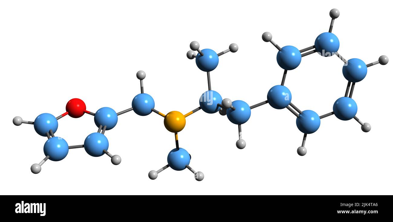 3D image of Furfenorex skeletal formula - molecular chemical structure of  stimulant drug furfurylmethylamphetamine isolated on white background Stock Photo