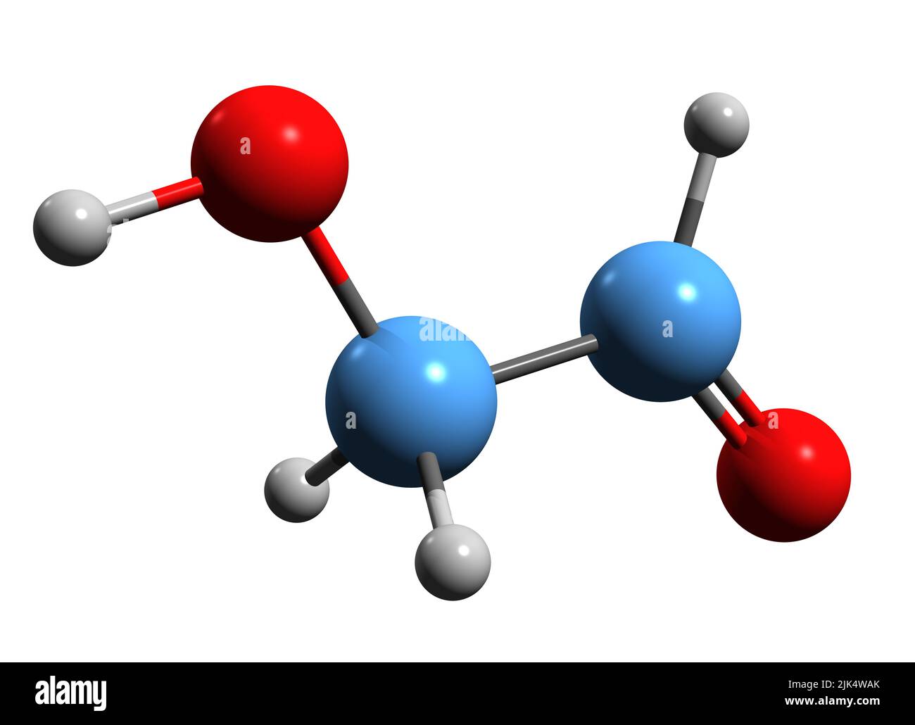 3D image of Glycolaldehyde skeletal formula - molecular chemical structure of 2-Hydroxyethanal isolated on white background Stock Photo