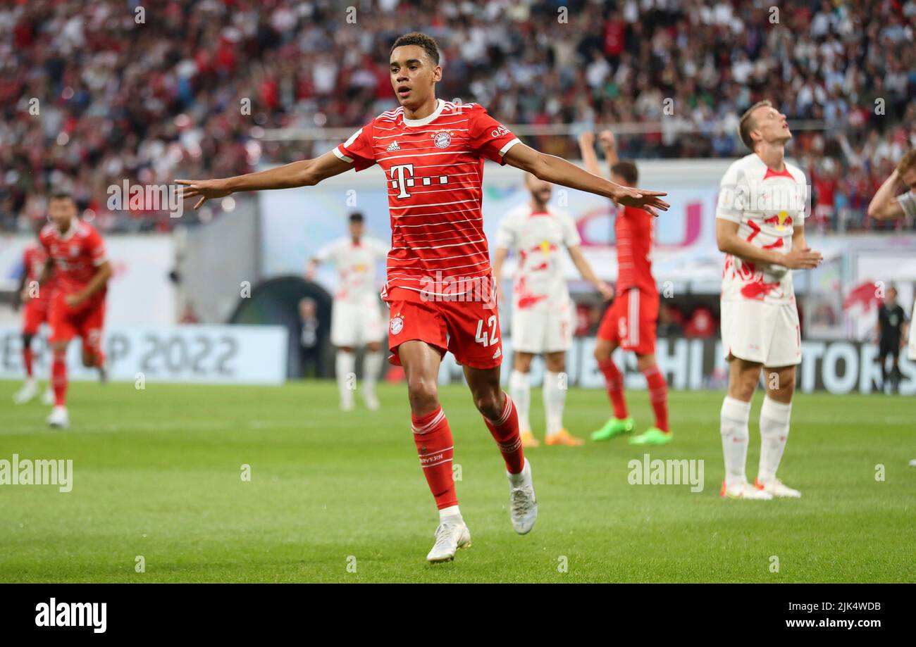 Leipzig, Deutschland. 30th July, 2022. firo : 07/30/2022, football, soccer, 1st league, 1st Bundesliga, season 2022/2023, Supercup Finale RB Leipzig - FCB FC Bayern Munich, Munich jubilation after his goal to 1:0 : Jamal Musiala Credit: dpa/Alamy Live News Stock Photo