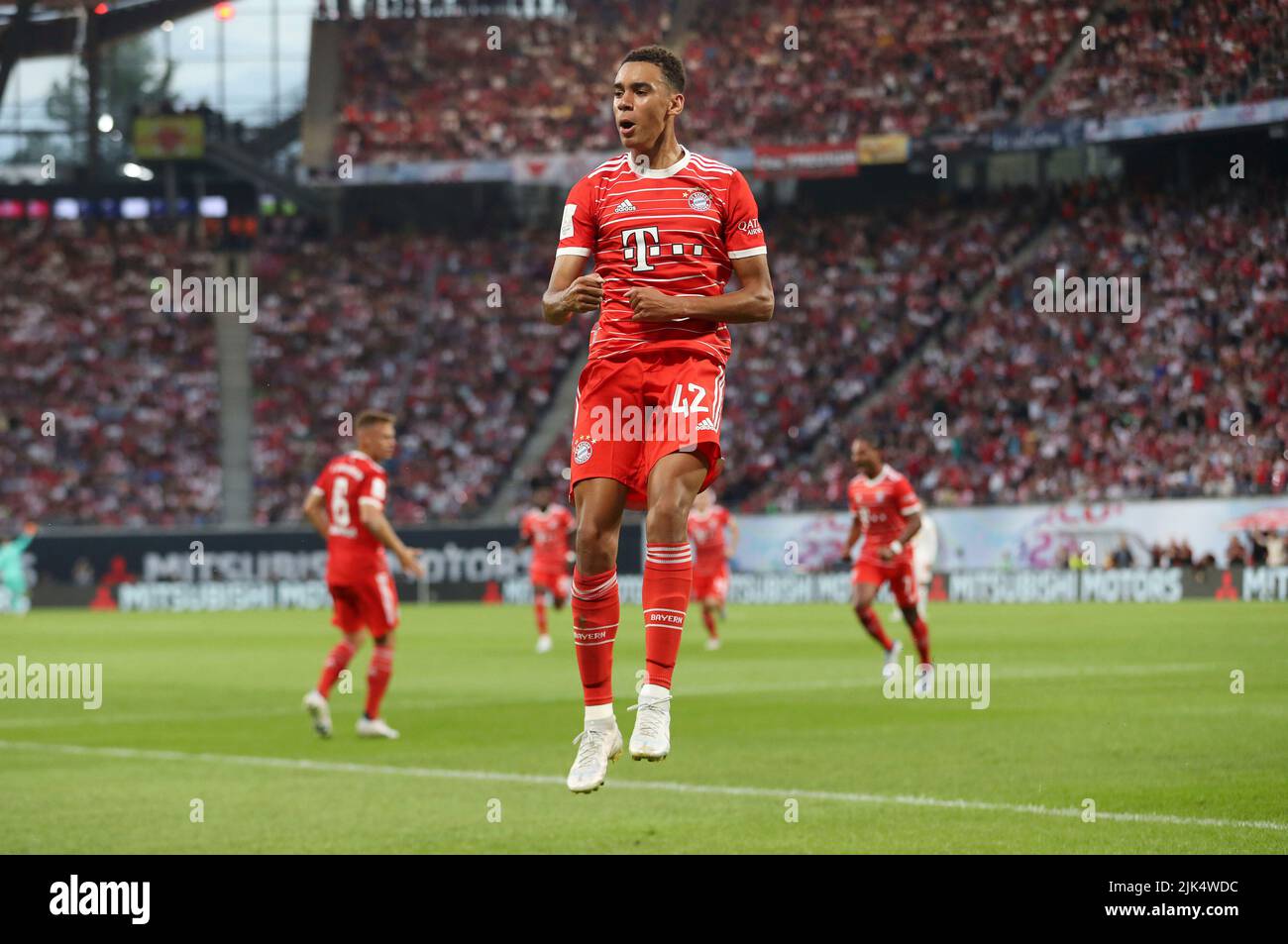 Leipzig, Deutschland. 30th July, 2022. firo : 07/30/2022, football, soccer, 1st league, 1st Bundesliga, season 2022/2023, Supercup Finale RB Leipzig - FCB FC Bayern Munich, Munich jubilation after his goal to 1:0 : Jamal Musiala Credit: dpa/Alamy Live News Stock Photo