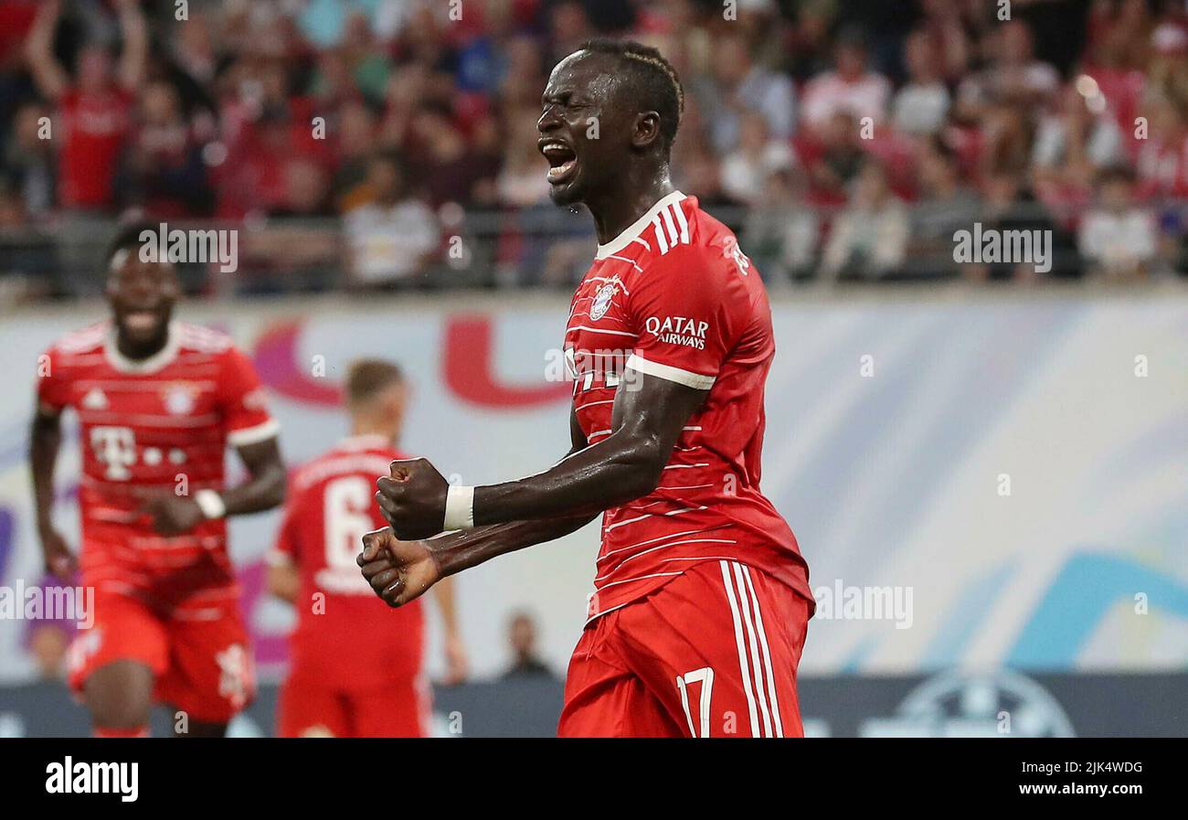 Leipzig, Deutschland. 30th July, 2022. firo : 07/30/2022, football, soccer, 1st league, 1st Bundesliga, season 2022/2023, Supercup Finale RB Leipzig - FCB FC Bayern Munich, Munich jubilation to Jamal Musiala after goal to 2:0 with Sadio Mané, Mane Credit: dpa/Alamy Live News Stock Photo